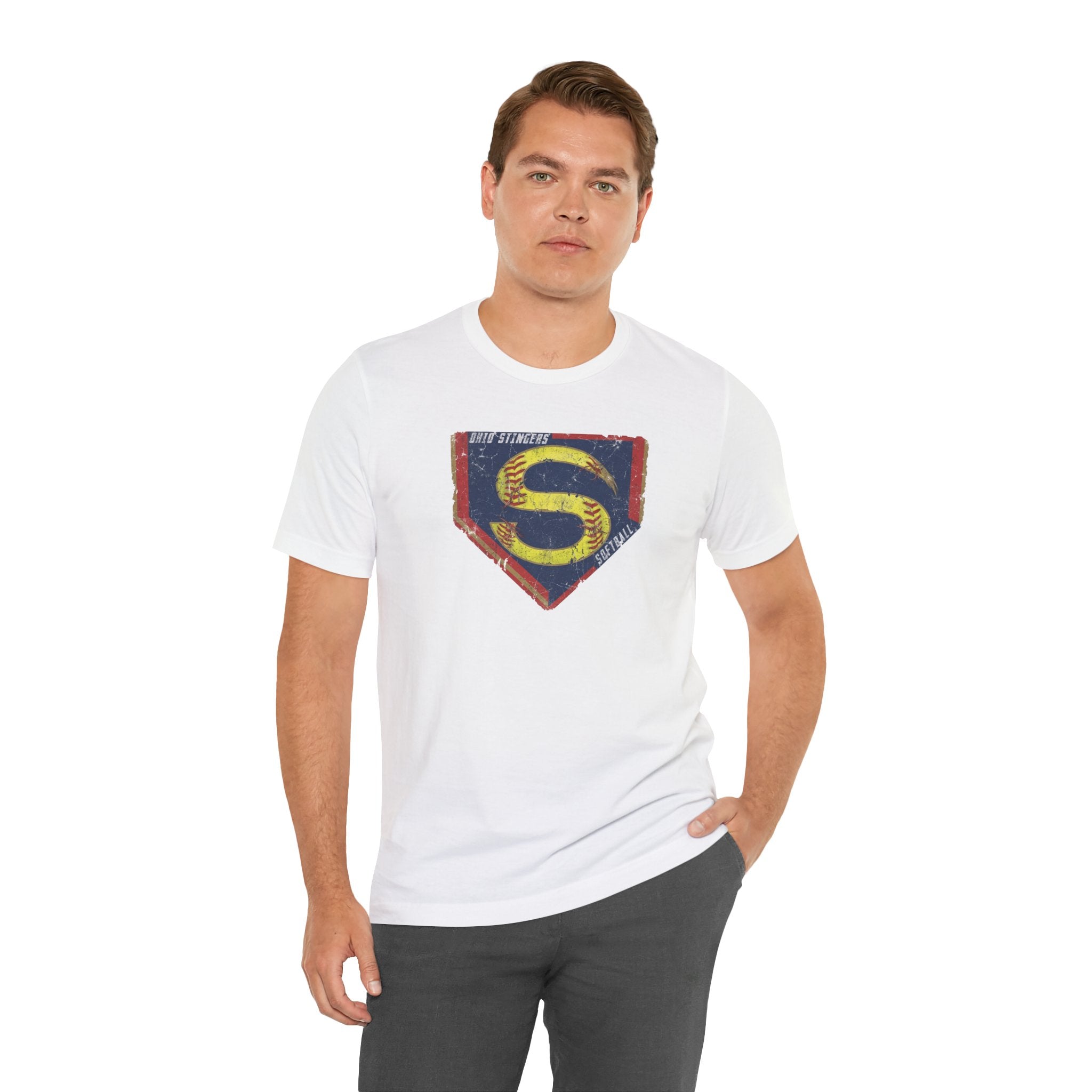 Adult Unisex Stingers Softball Distressed Logo Graphic Short Sleeve Bella + Canvas Soft Tee