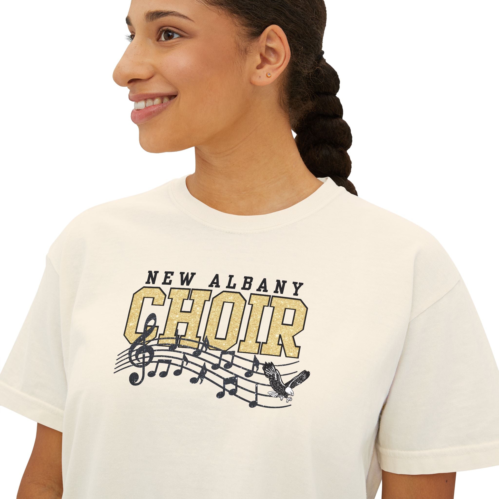 Women's New Albany Choir Digital Glitter Graphic Boxy Crop Short Sleeve Tee