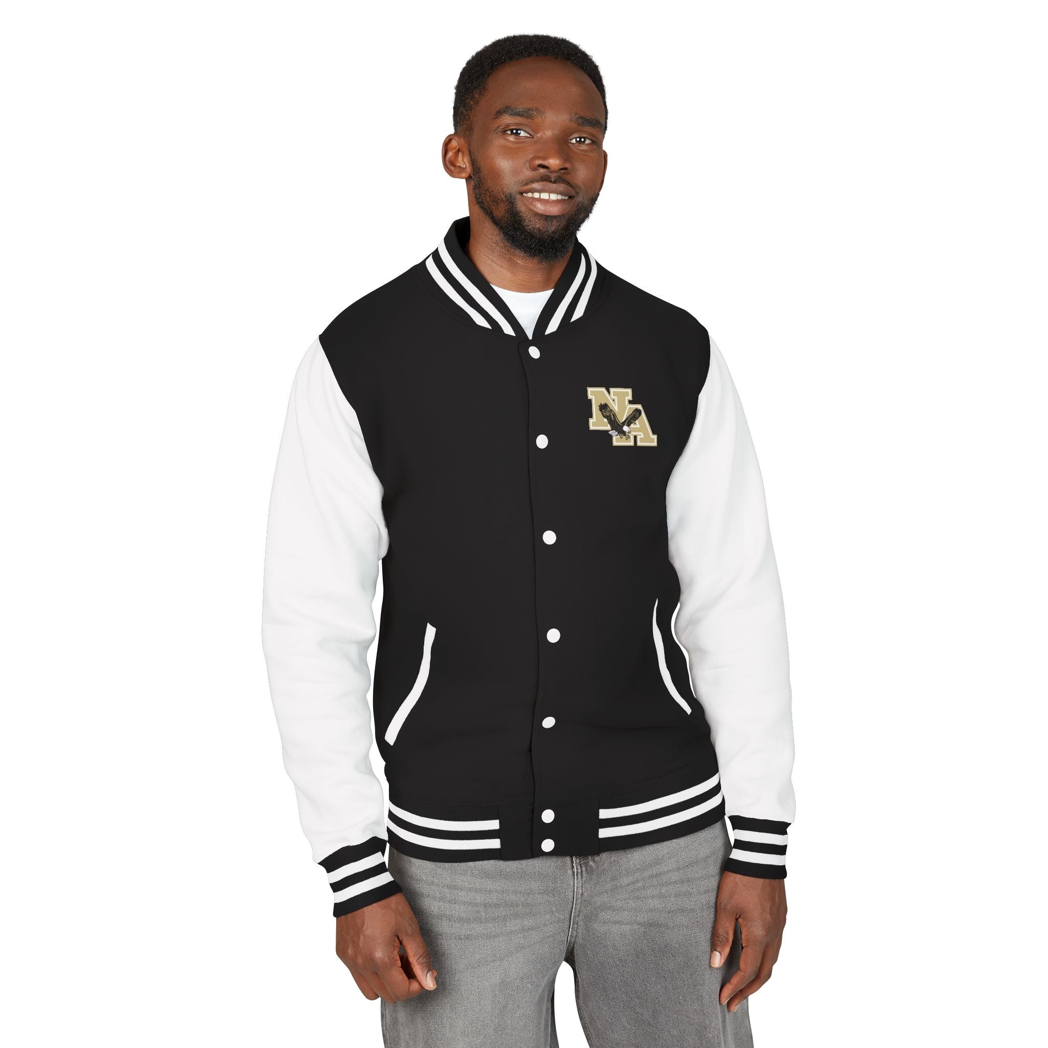Adult Unisex Heavyweight Letterman Style Jacket with Front Gold Classic Logo and Back Eagle