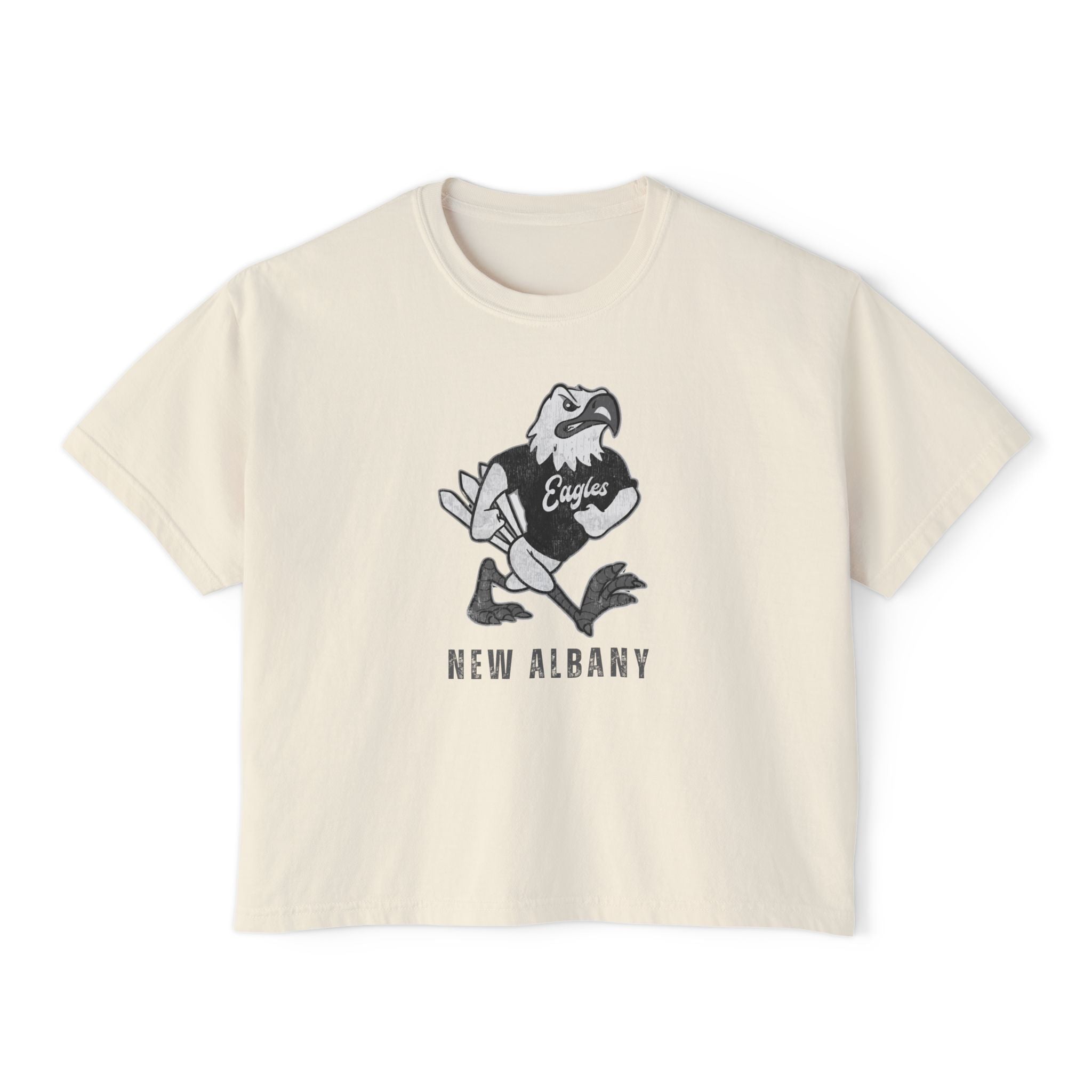Women's New Albany Black and White Vintage Fighting Eagle Graphic Boxy Crop Short Sleeve Tee
