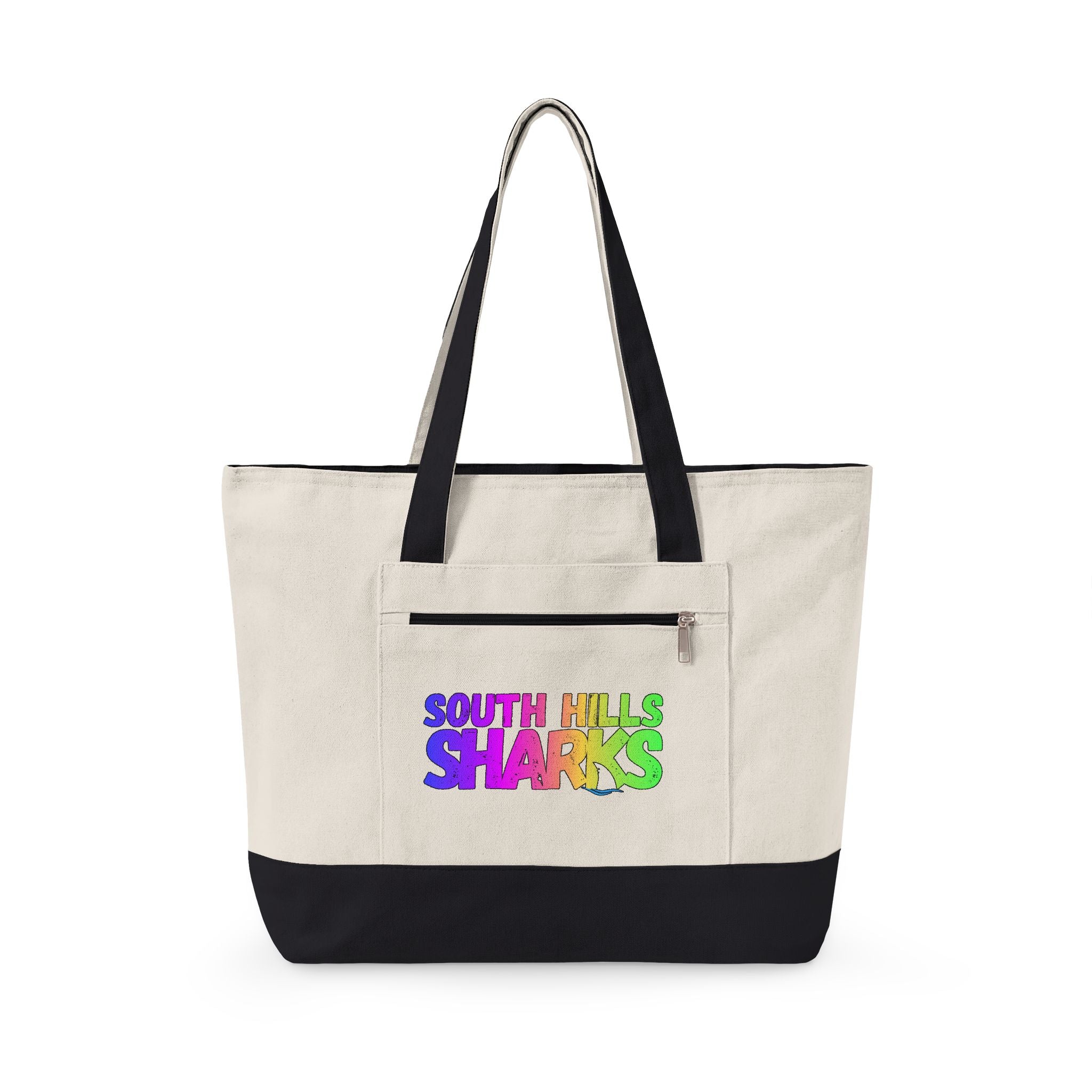 South Hills Sharks Neon Rainbow Graphic Large Zippered Canvas Tote