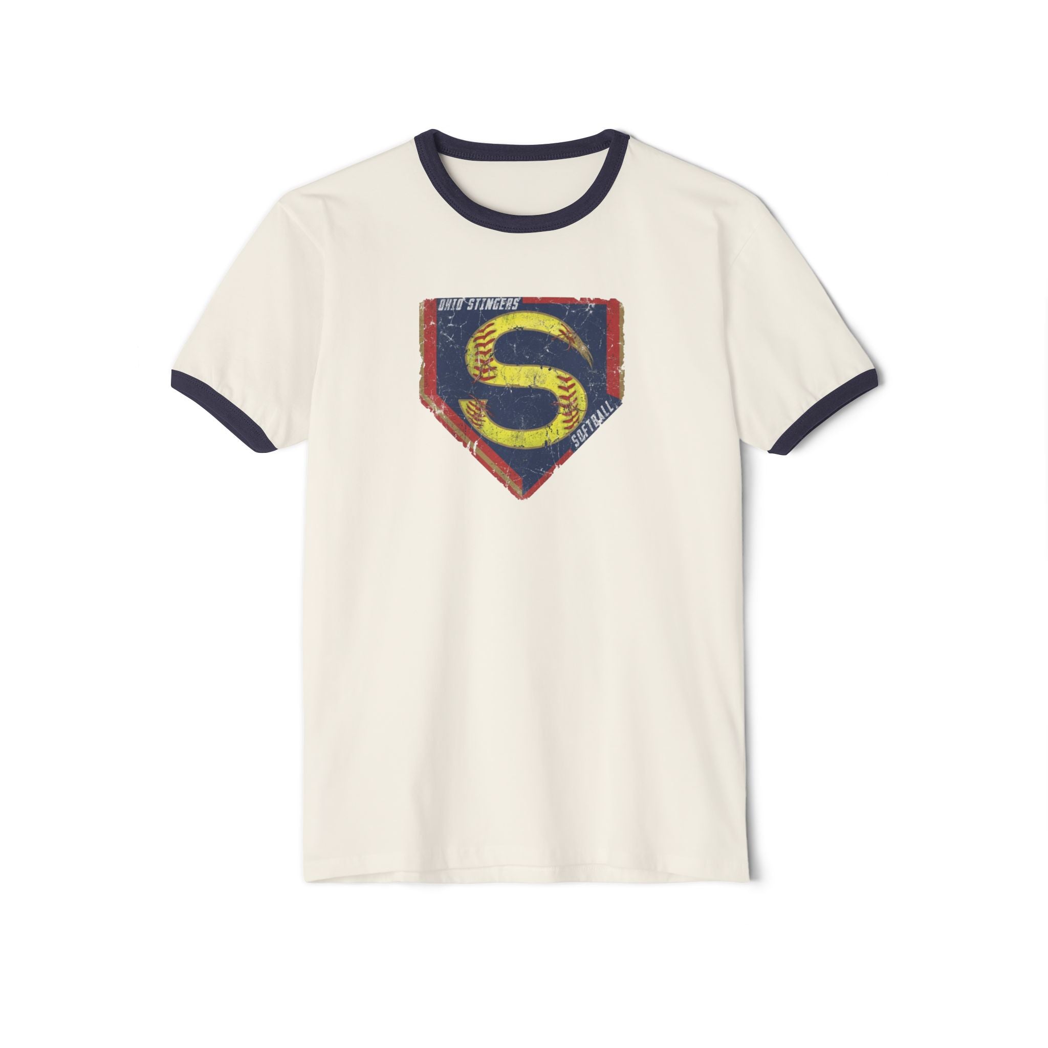 Adult Unisex Stingers Softball Distressed Logo Graphic Short Sleeve Ringer Tee