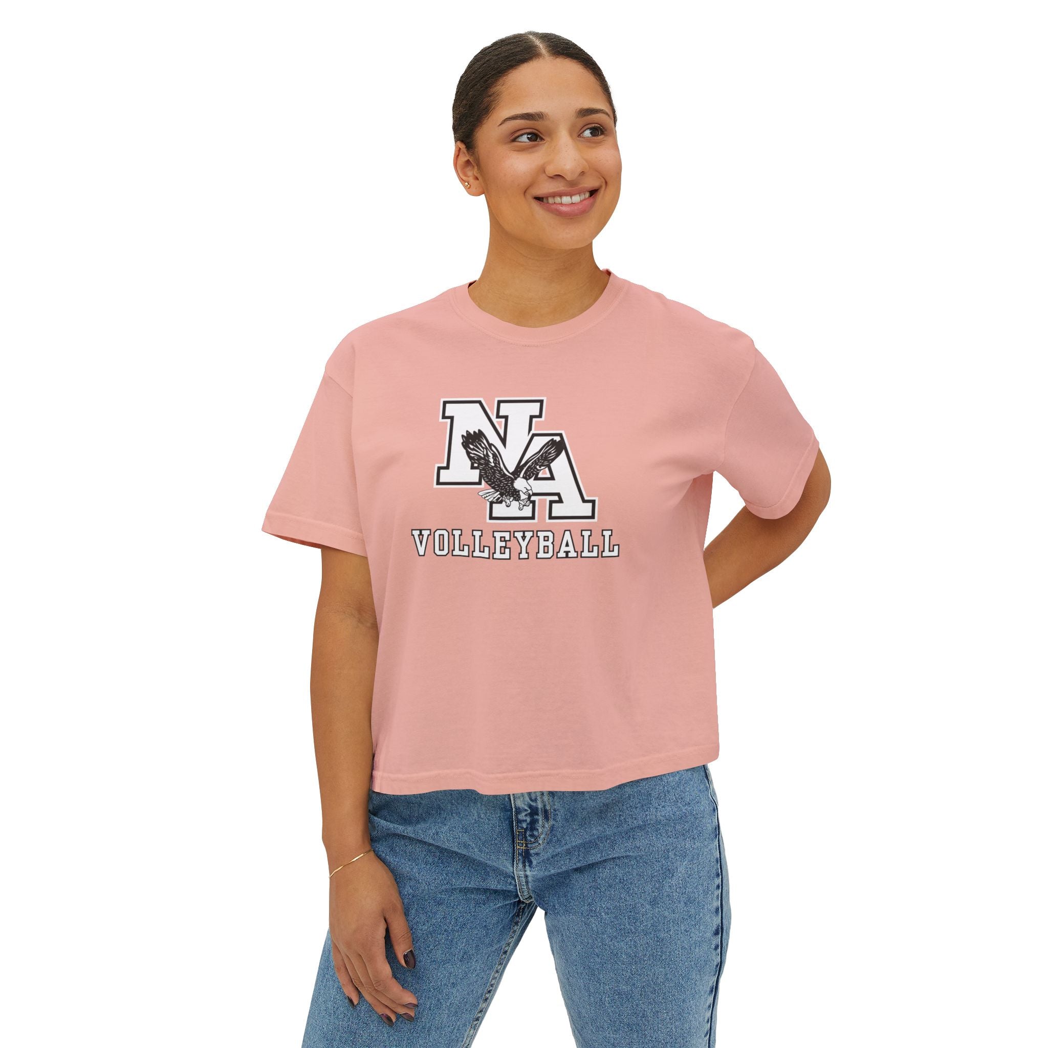 Women's New Albany Volleyball Classic White and Black Logo Graphic Boxy Crop Short Sleeve Tee