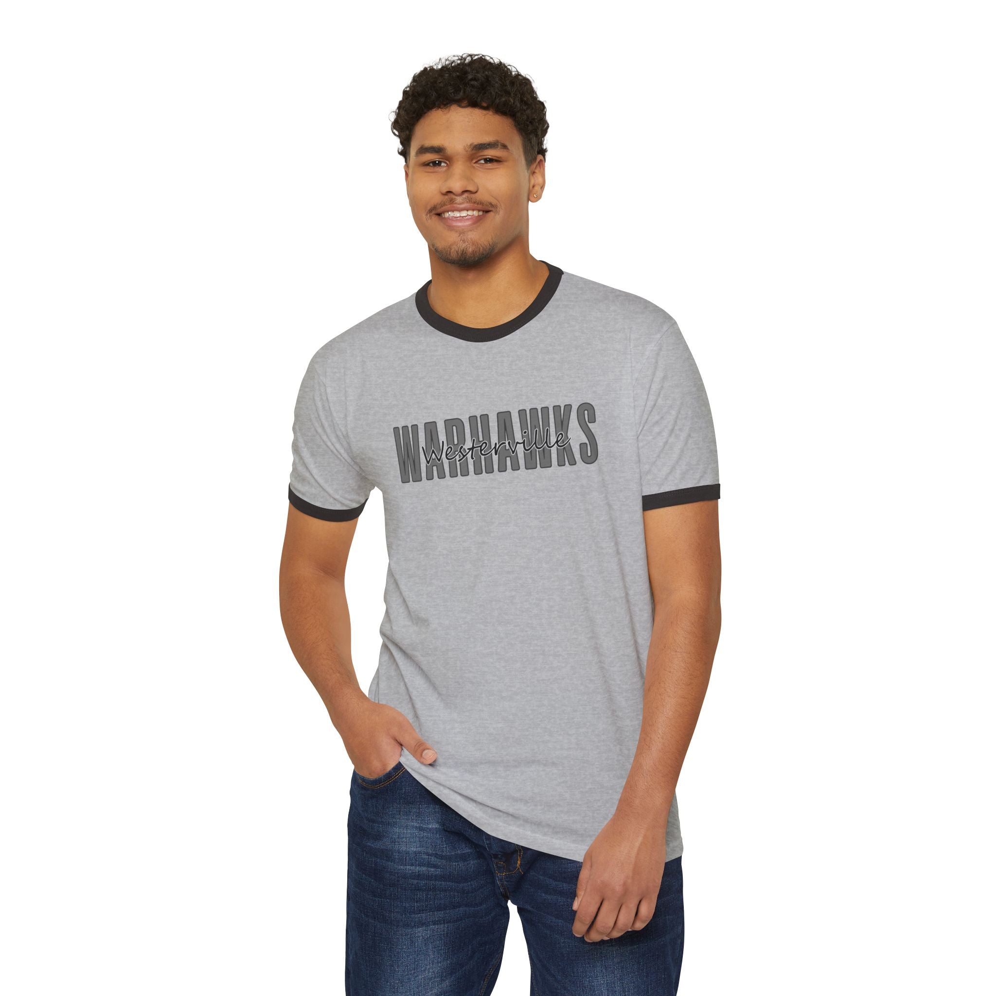 Adult Unisex Westerville Central Warhawks Spirit Script Graphic Short Sleeve Ringer Tee
