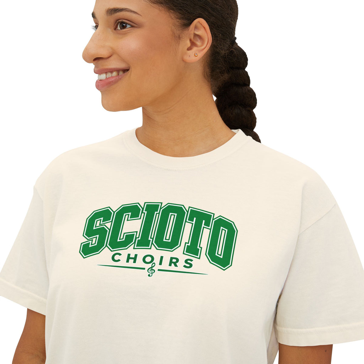 Women's Dublin Scioto Choirs Varsity Block Letter Graphic Boxy Crop Short Sleeve Tee