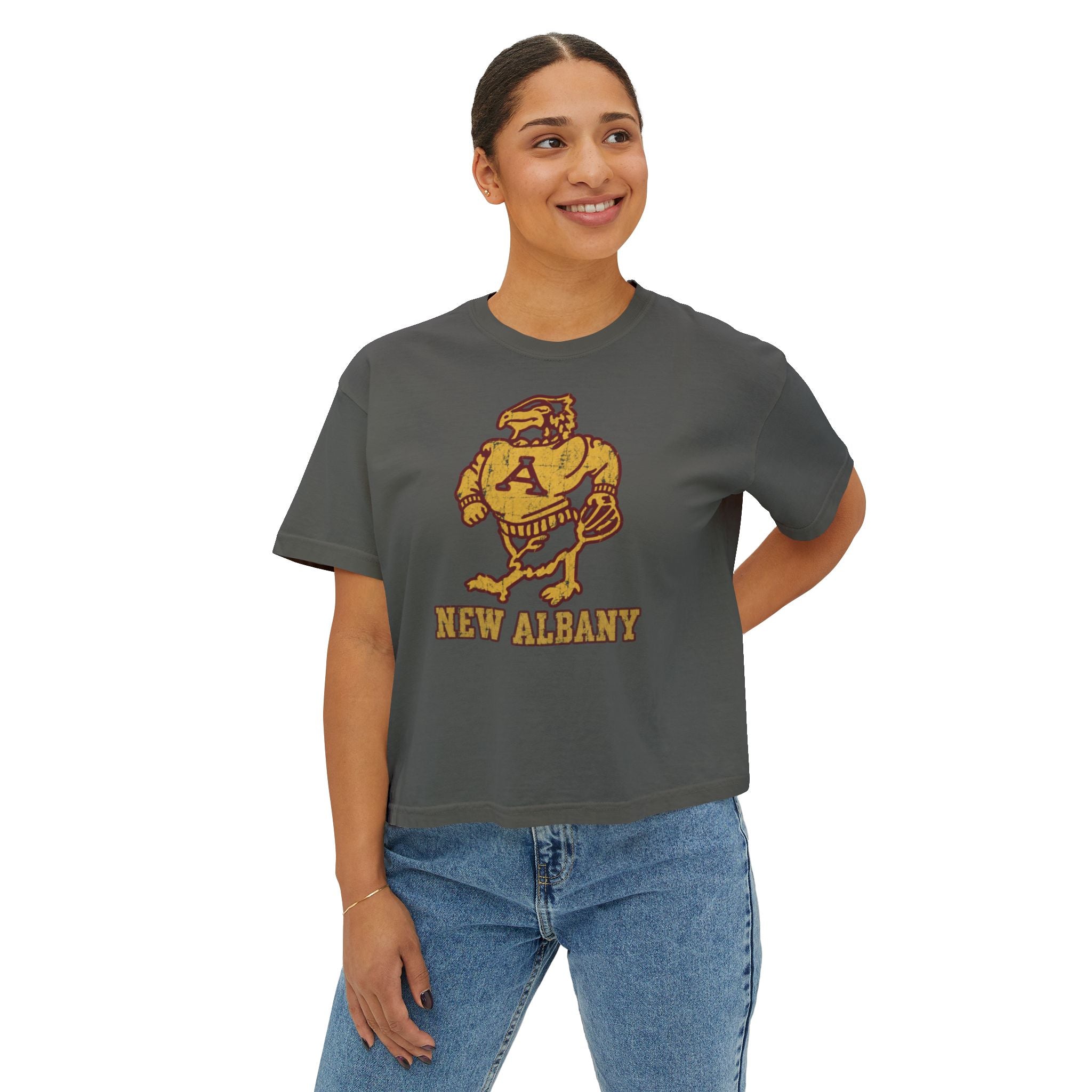 Women's New Albany Old School Eagle Graphic Boxy Crop Short Sleeve Tee