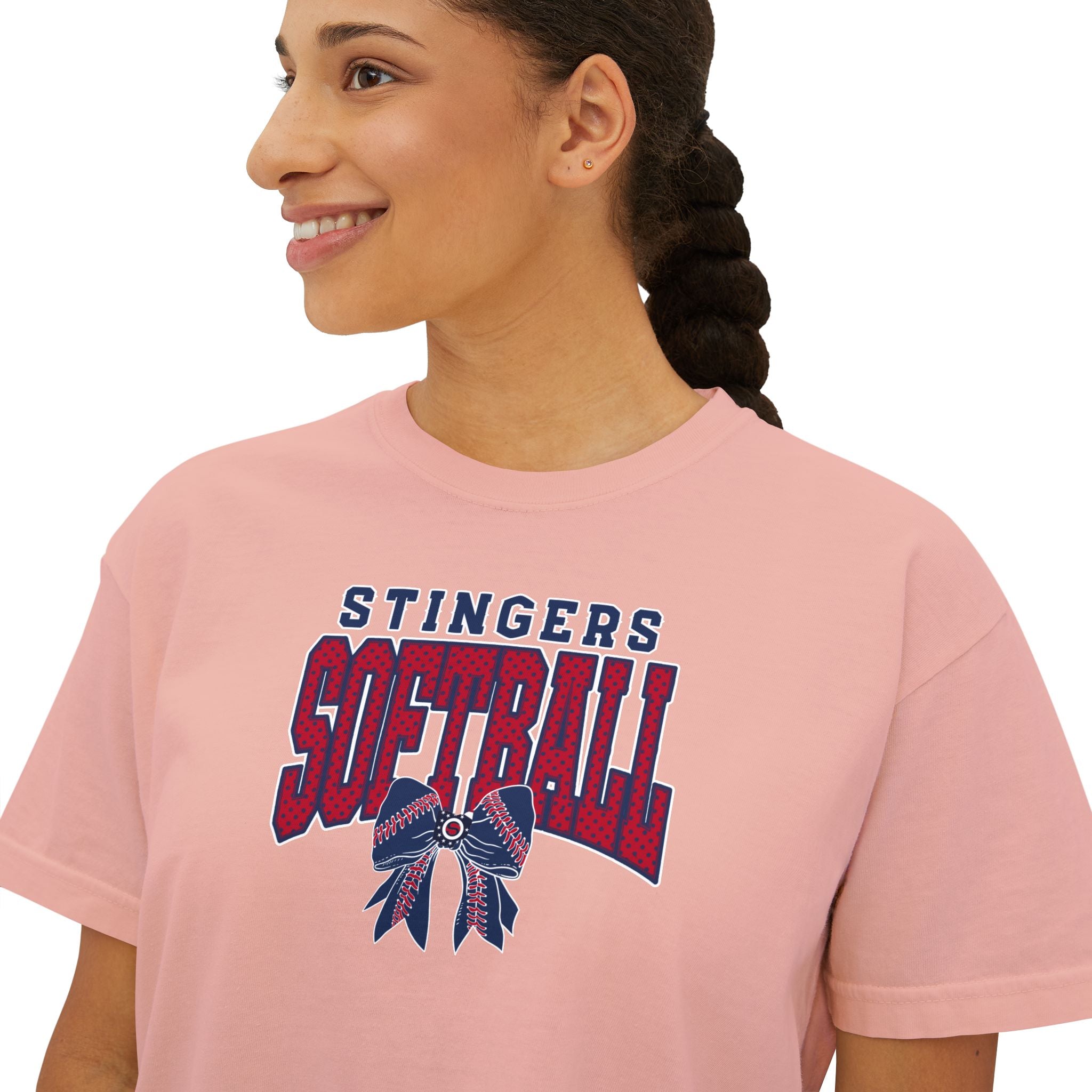 Women's Stingers Softball Stitched Bow Graphic Boxy Crop Short Sleeve Tee