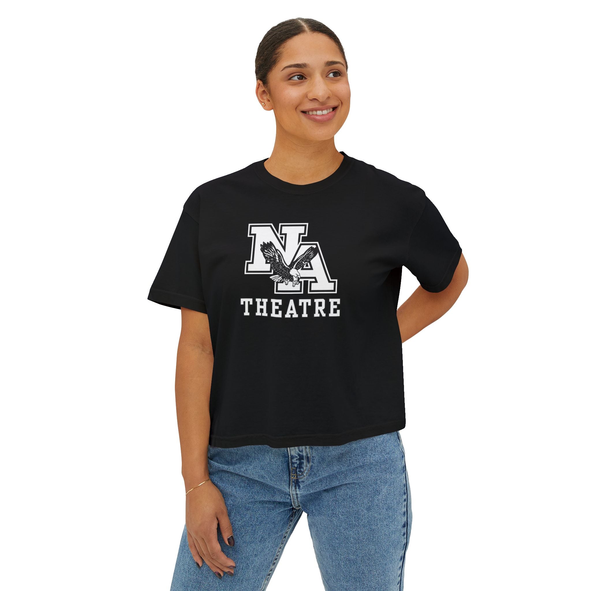 Women's White/Black Classic NA Theatre Logo Graphic Boxy Crop Short Sleeve Tee