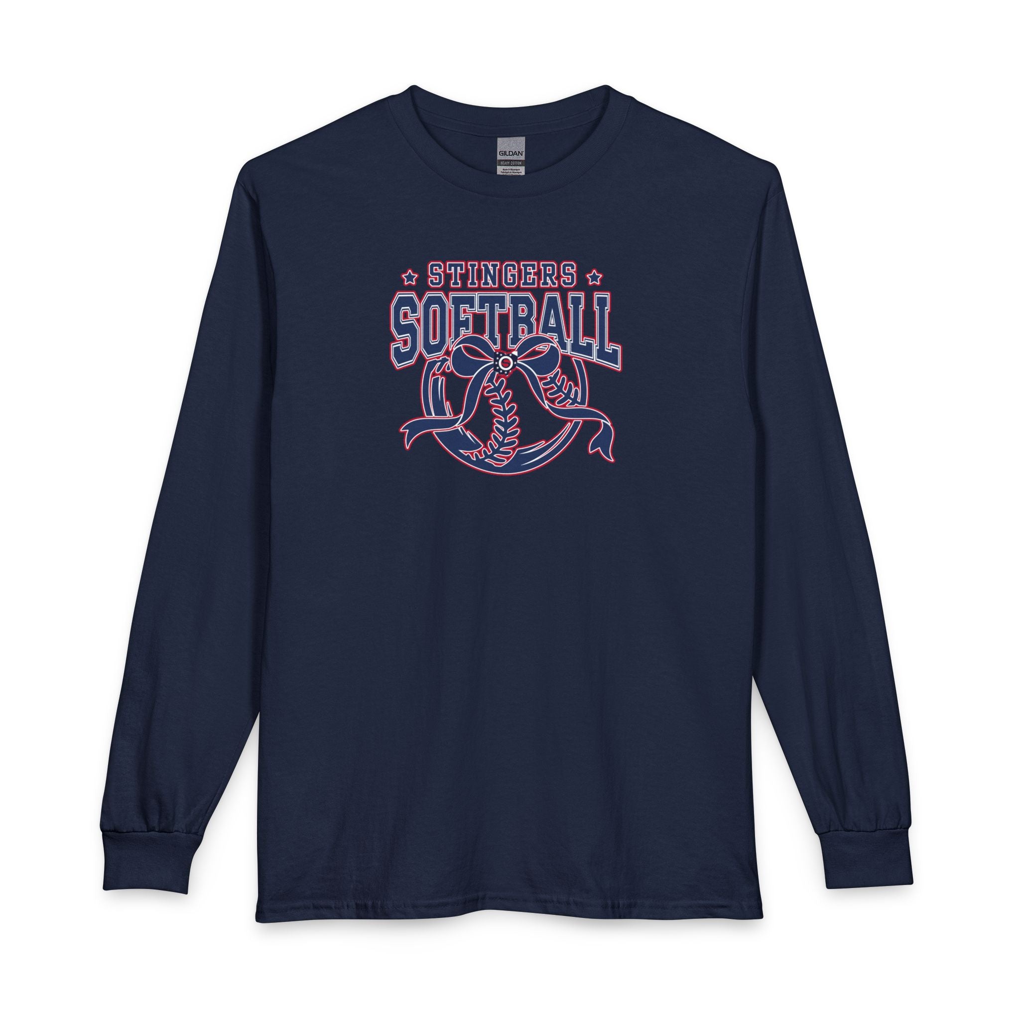 Adult Unisex Stingers Softball Spirit Bow Graphic Long Sleeve Gildan Tee
