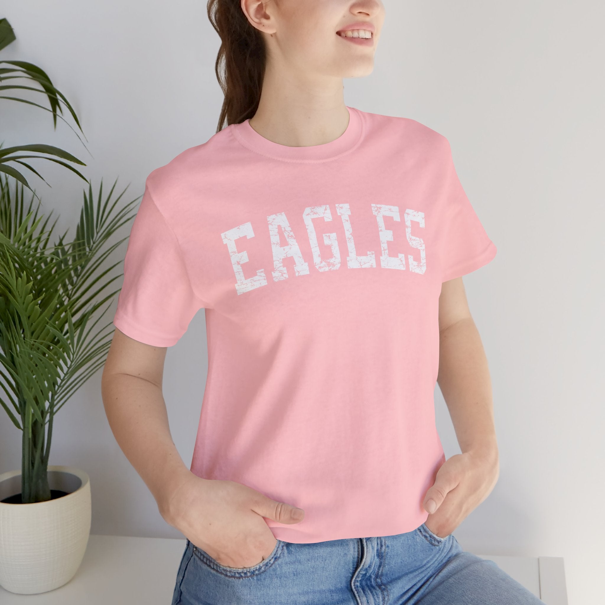 Adult Unisex Distressed Eagles Graphic Short Sleeve Soft Tee - PINK OCTOBER