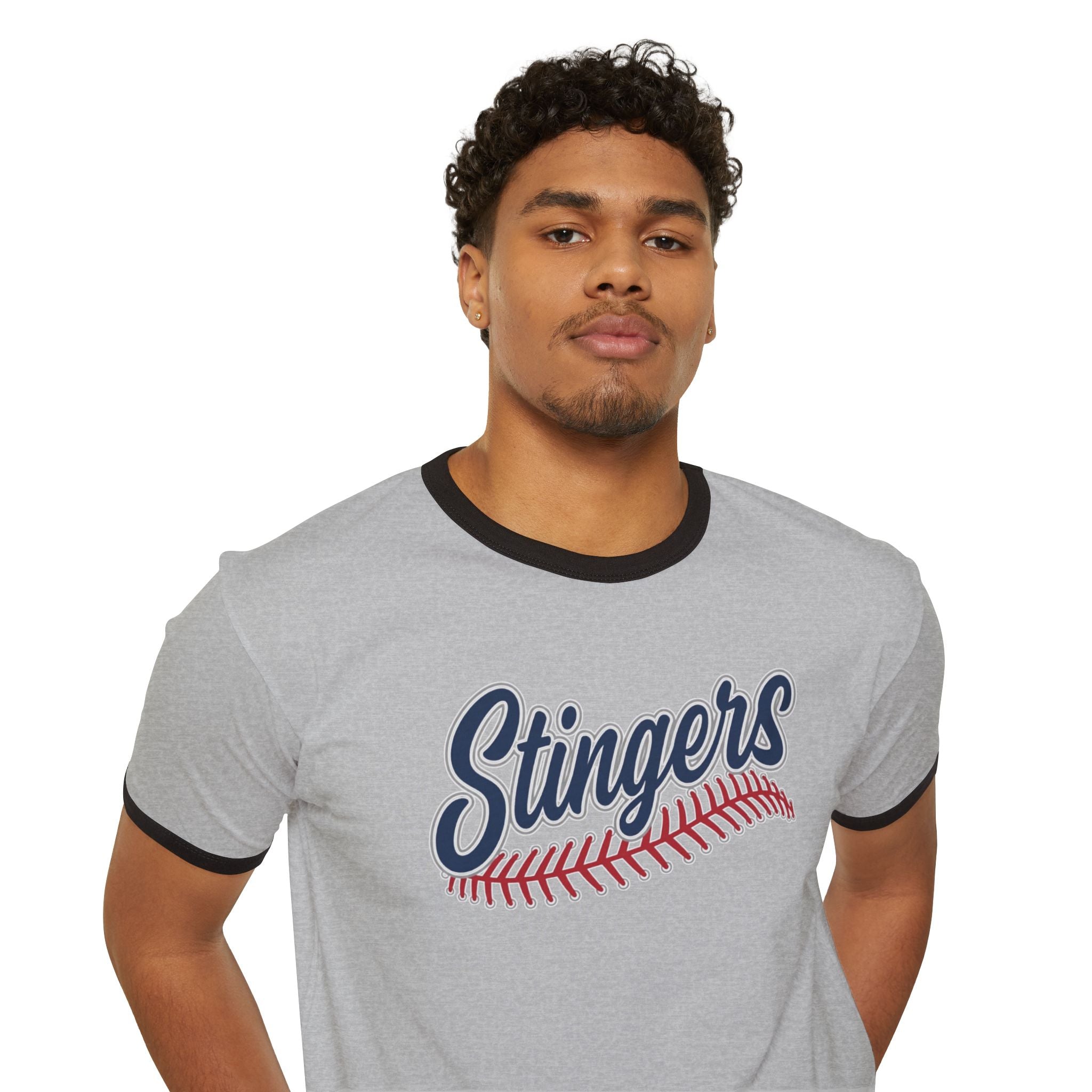 Adult Unisex Stingers Softball Stitches Graphic Short Sleeve Ringer Tee