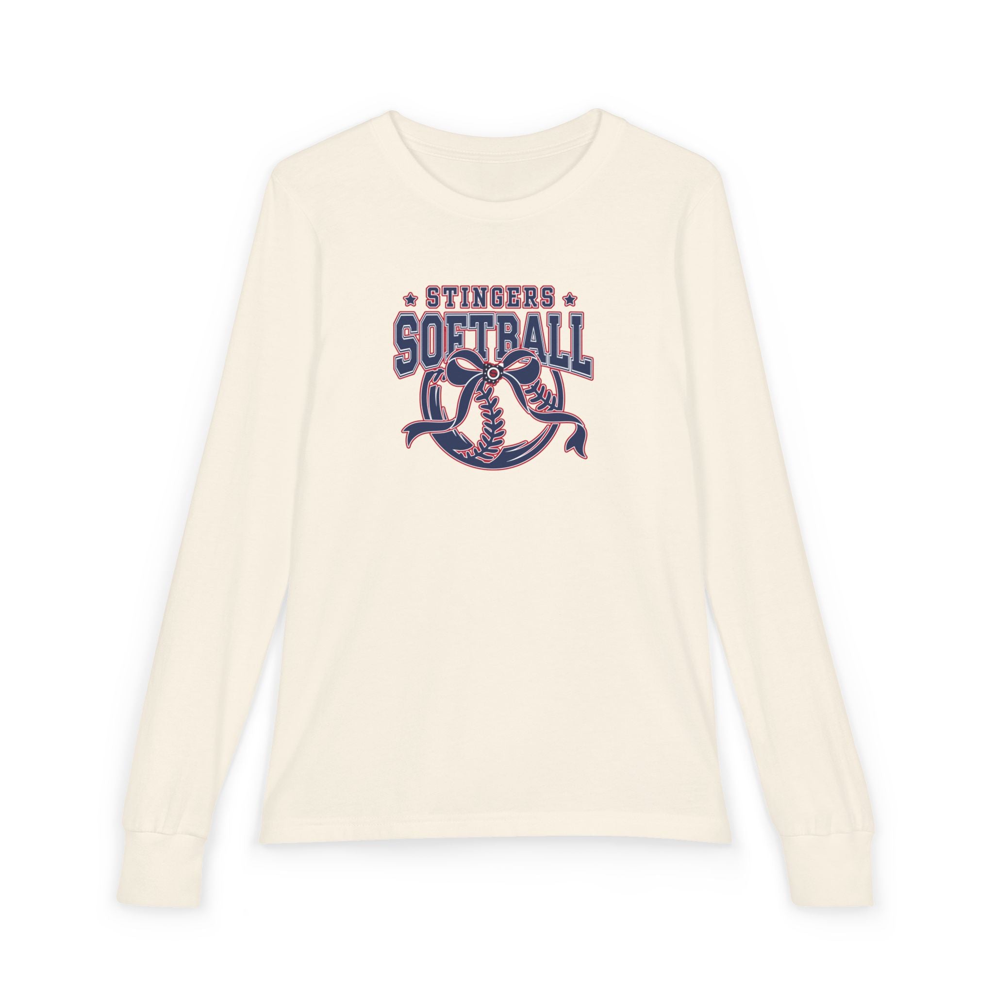 Youth Stingers Softball Spirit Bow Graphic Bella + Canvas Long Sleeve Soft Tee
