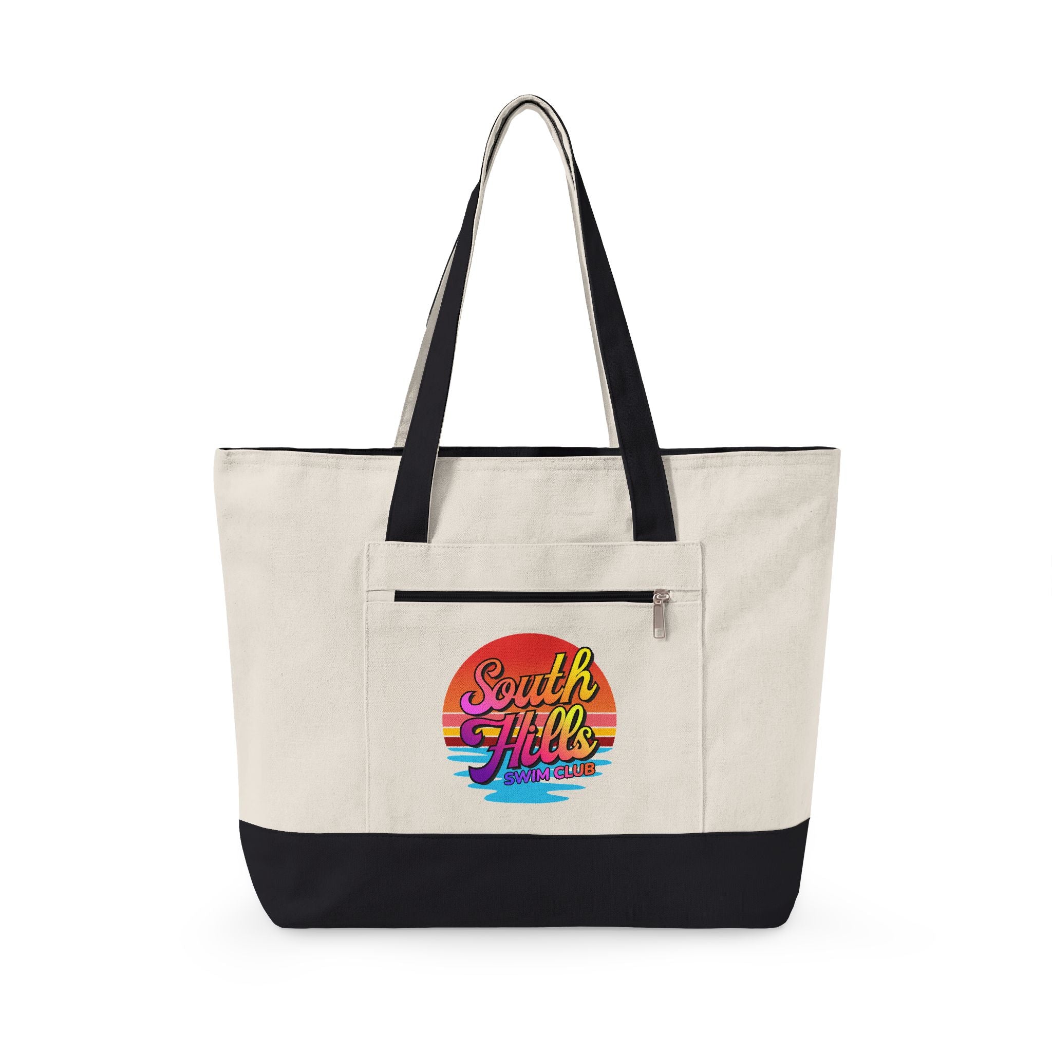 South Hills Swim Club Sunset Script Graphic Large Zippered Canvas Tote