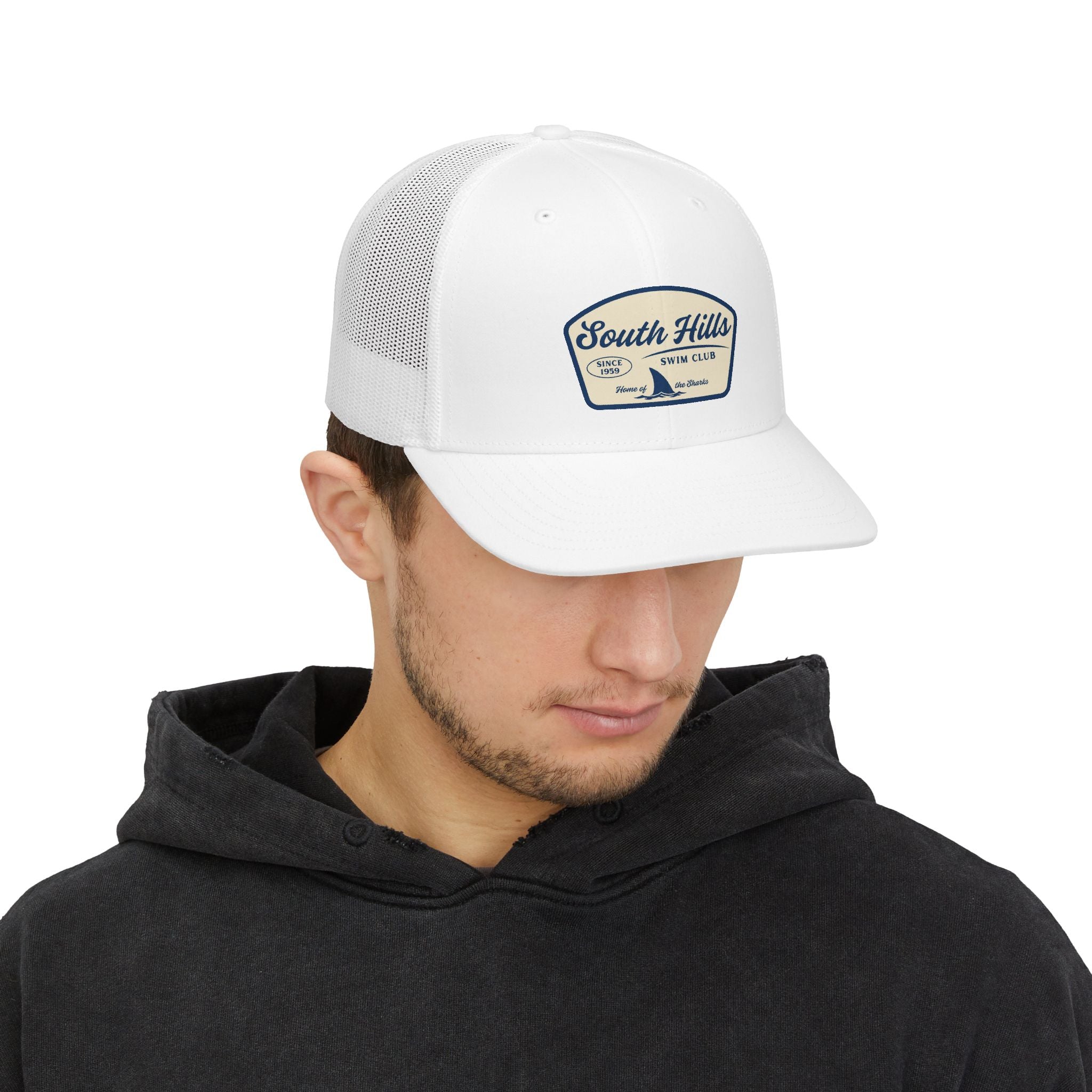 Adult Unisex South Hills Swim Club Home of the Sharks Graphic Richardson 112 Snapback Trucker Hat