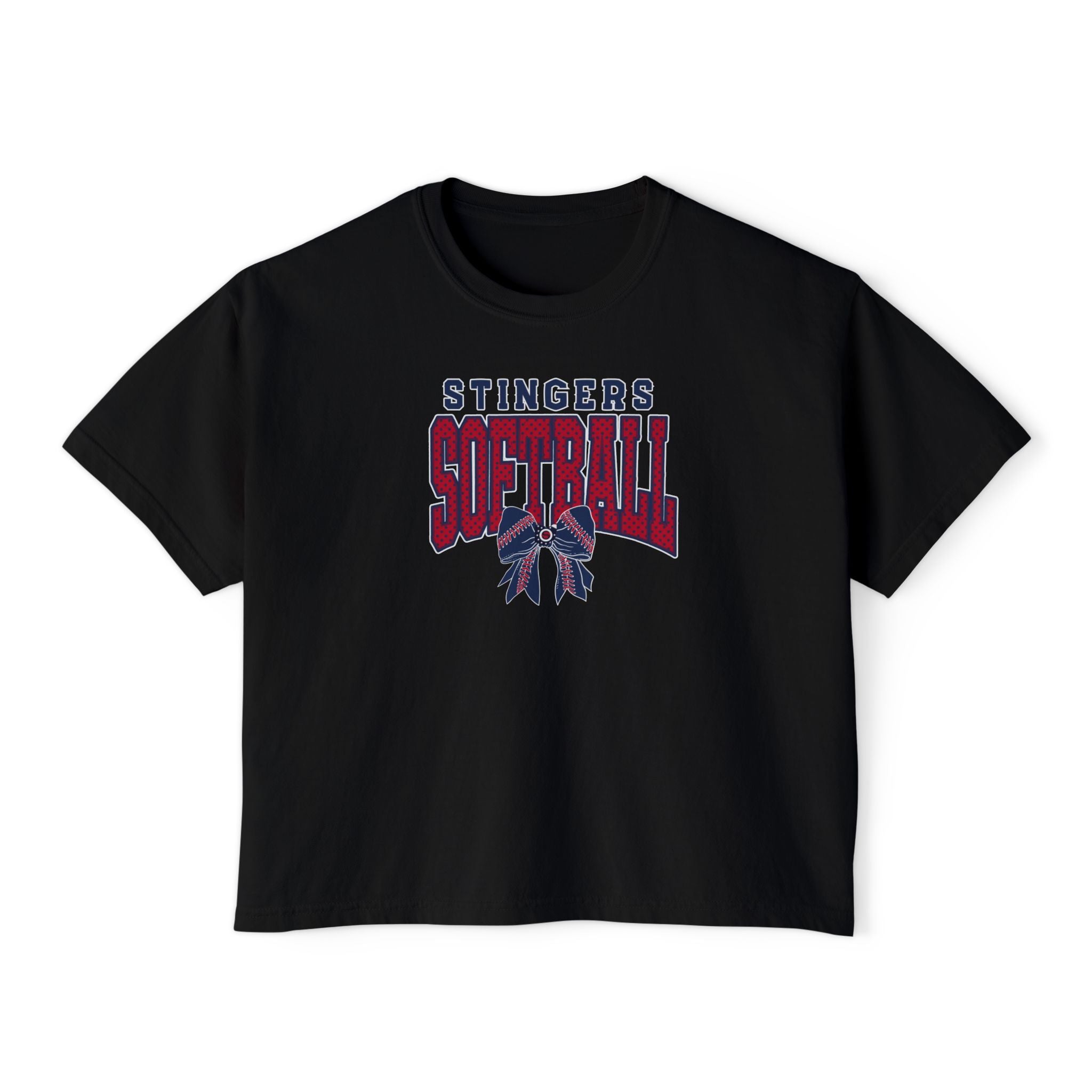 Women's Stingers Softball Stitched Bow Graphic Boxy Crop Short Sleeve Tee