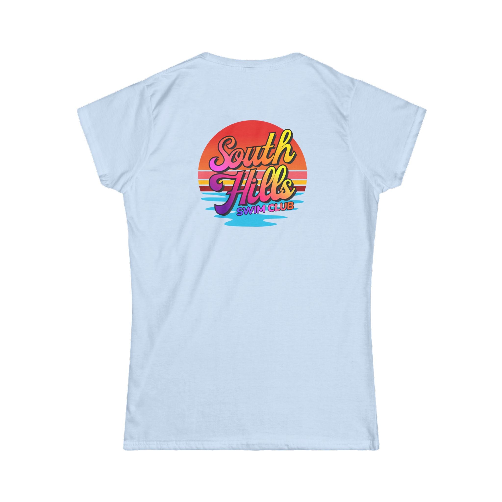 Women's South Hills Swim Club Sunset Script Graphic Short Sleeve Gildan Softstyle Tee