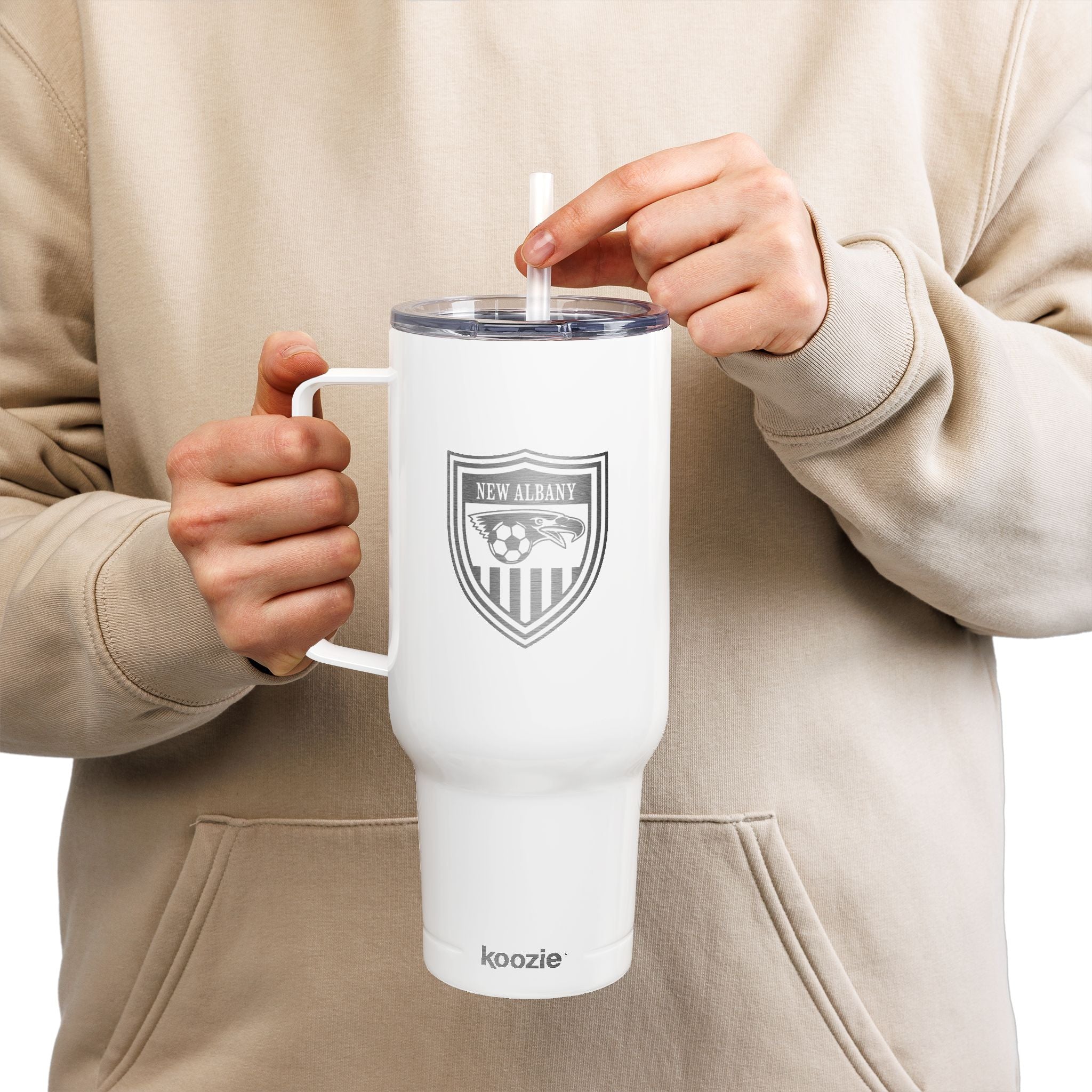 New Albany Youth Soccer League Crest Engraved Koozie Brand Insulated Tumbler with Lid