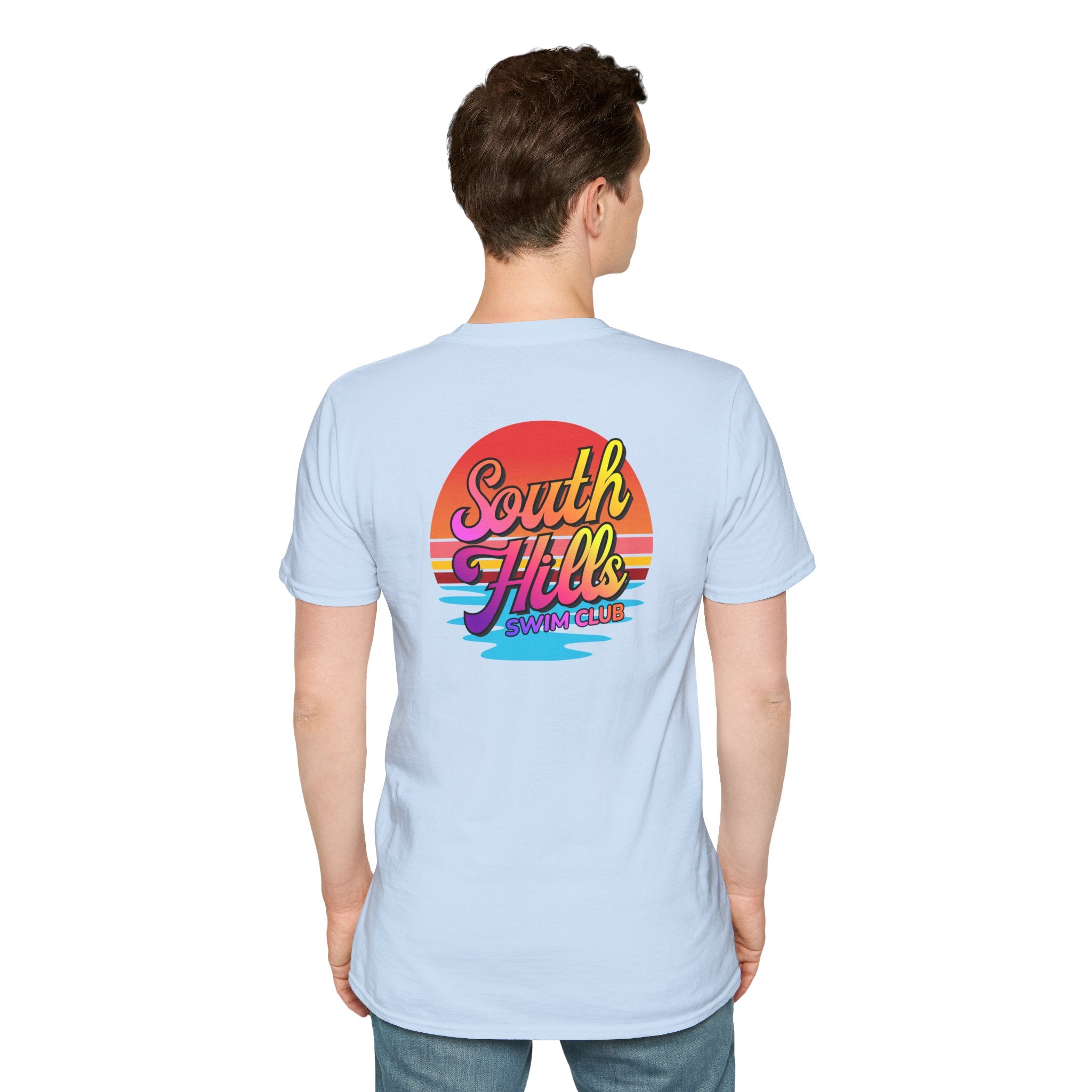 Adult Unisex South Hills Swim Club Sunset Script Graphic Short Sleeve Gildan Softstyle Tee