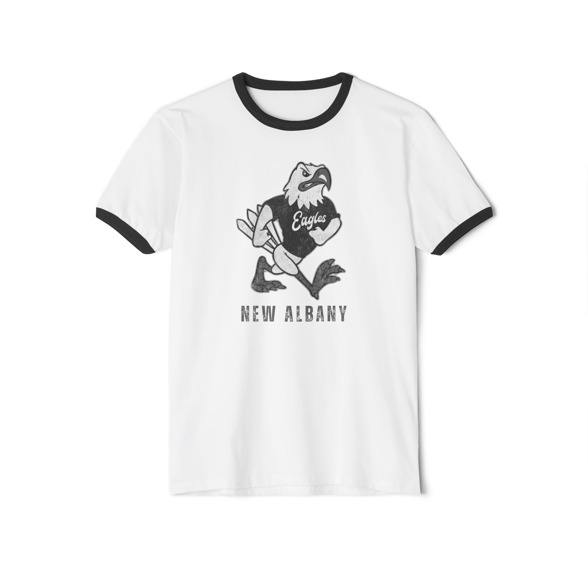Adult Unisex New Albany Black and White Vintage Fighting Eagle Graphic Short Sleeve Ringer Tee