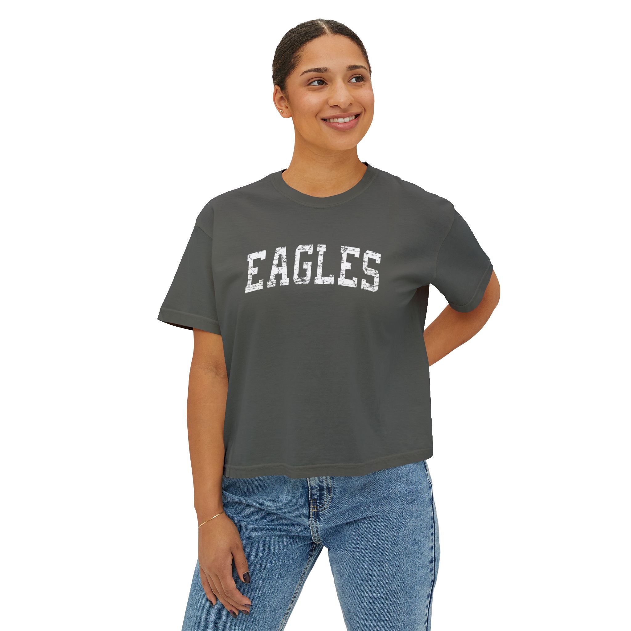Women's Vintage Distressed Eagles Graphic Boxy Crop Short Sleeve Tee