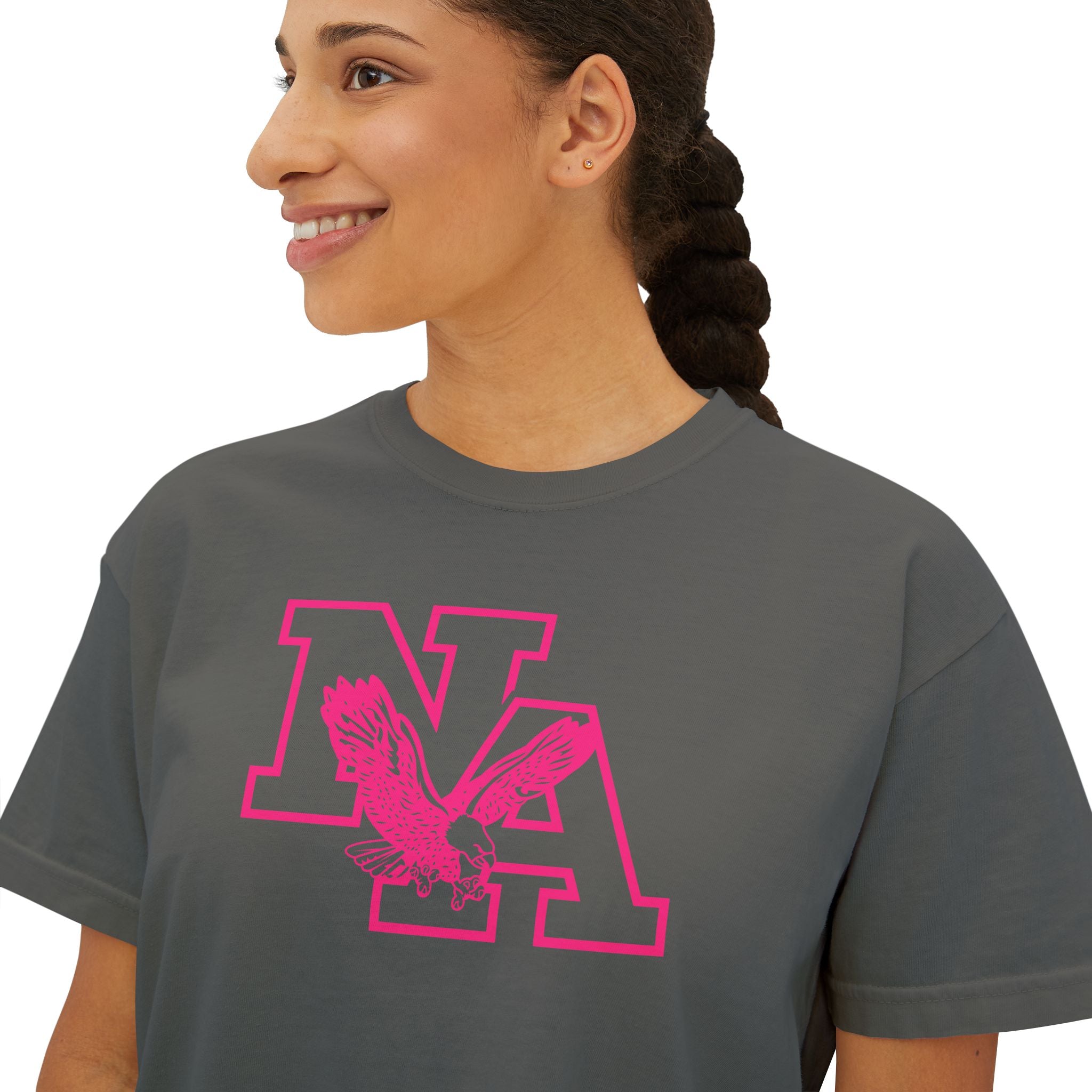Women's Neon Pink Power Logo Graphic Boxy Crop Short Sleeve Tee - PINK OCTOBER