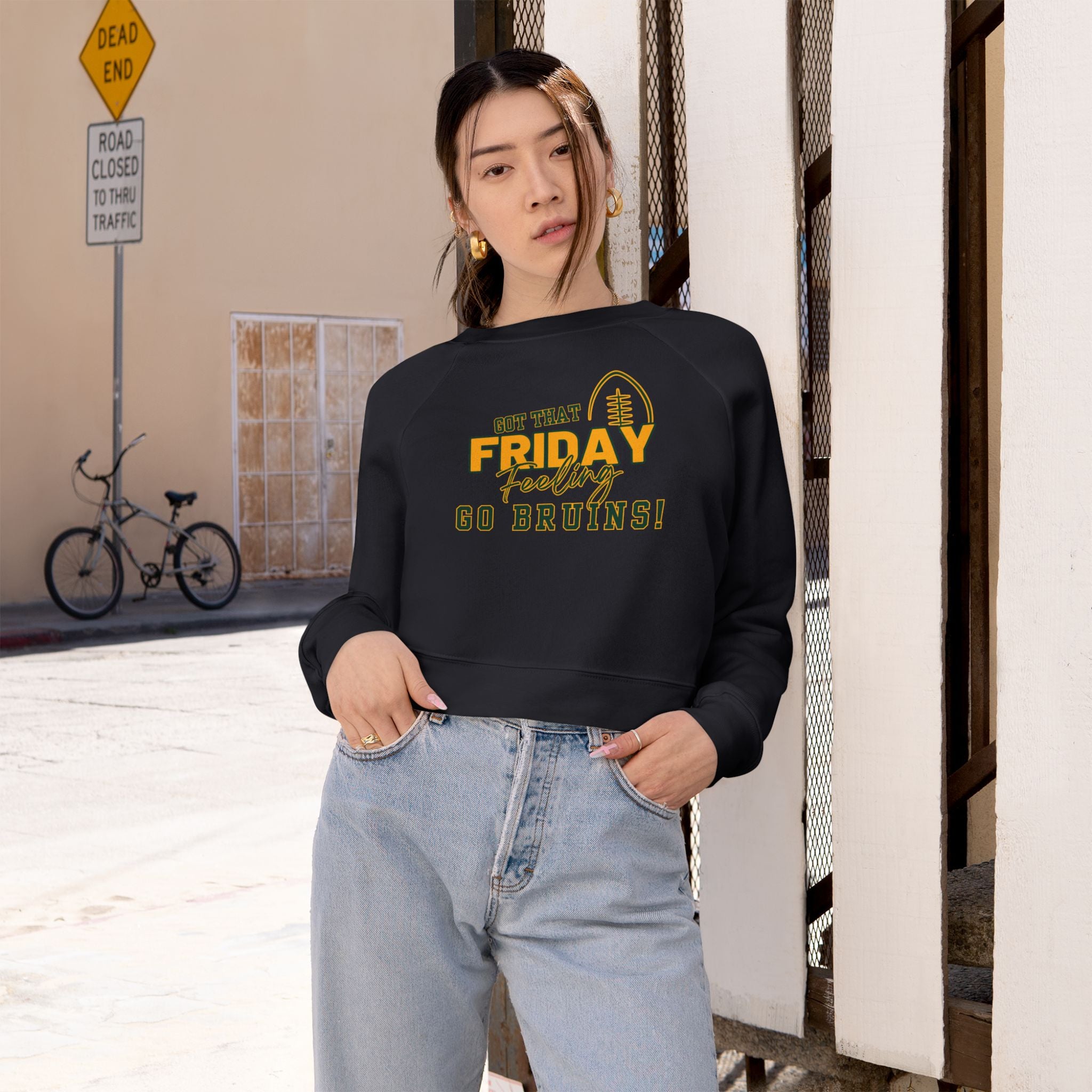 Women's Bruin Friday Feeling Football Graphic Cropped Fleece Sweatshirt