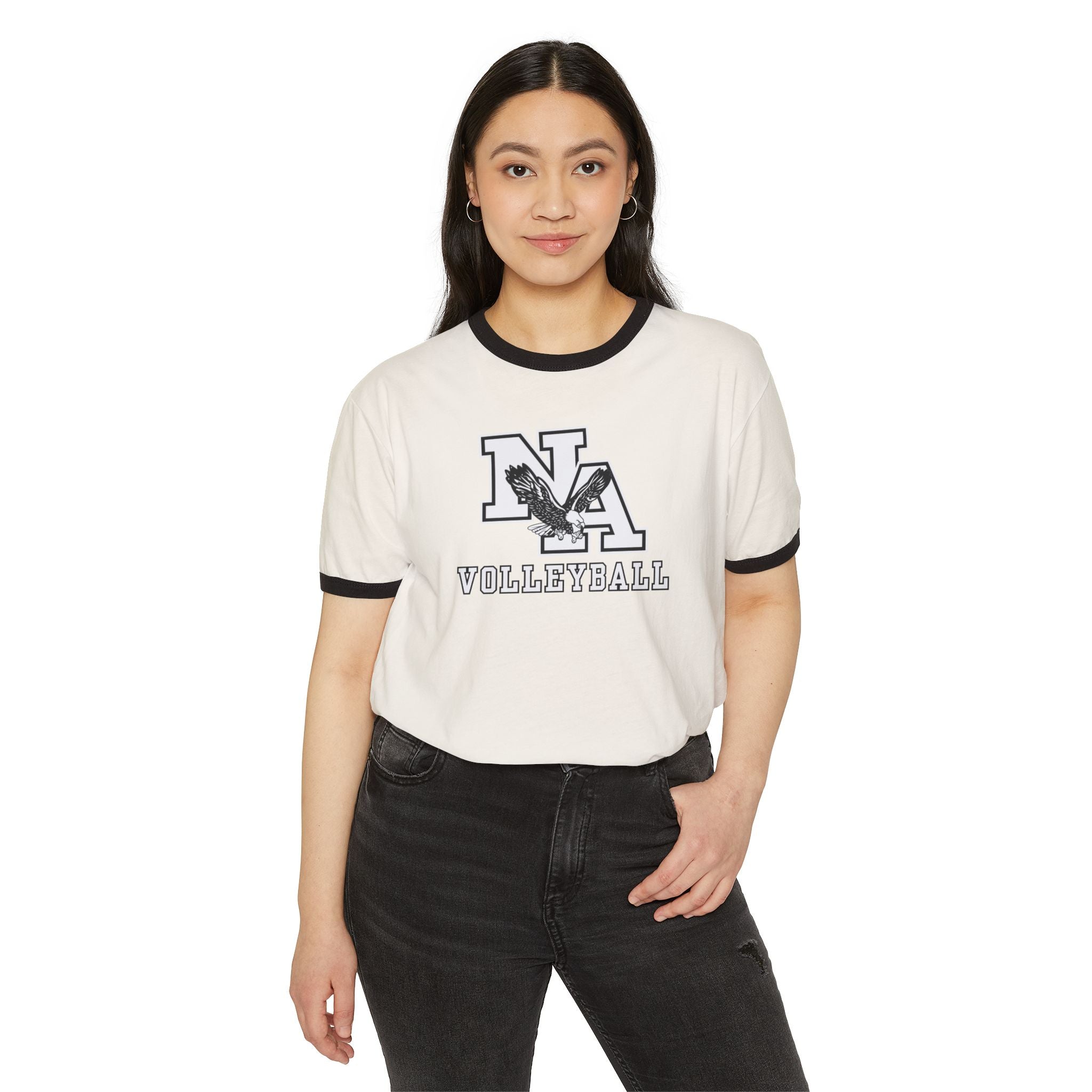 Adult Unisex New Albany Volleyball Classic White and Black Logo Graphic Short Sleeve Ringer Tee