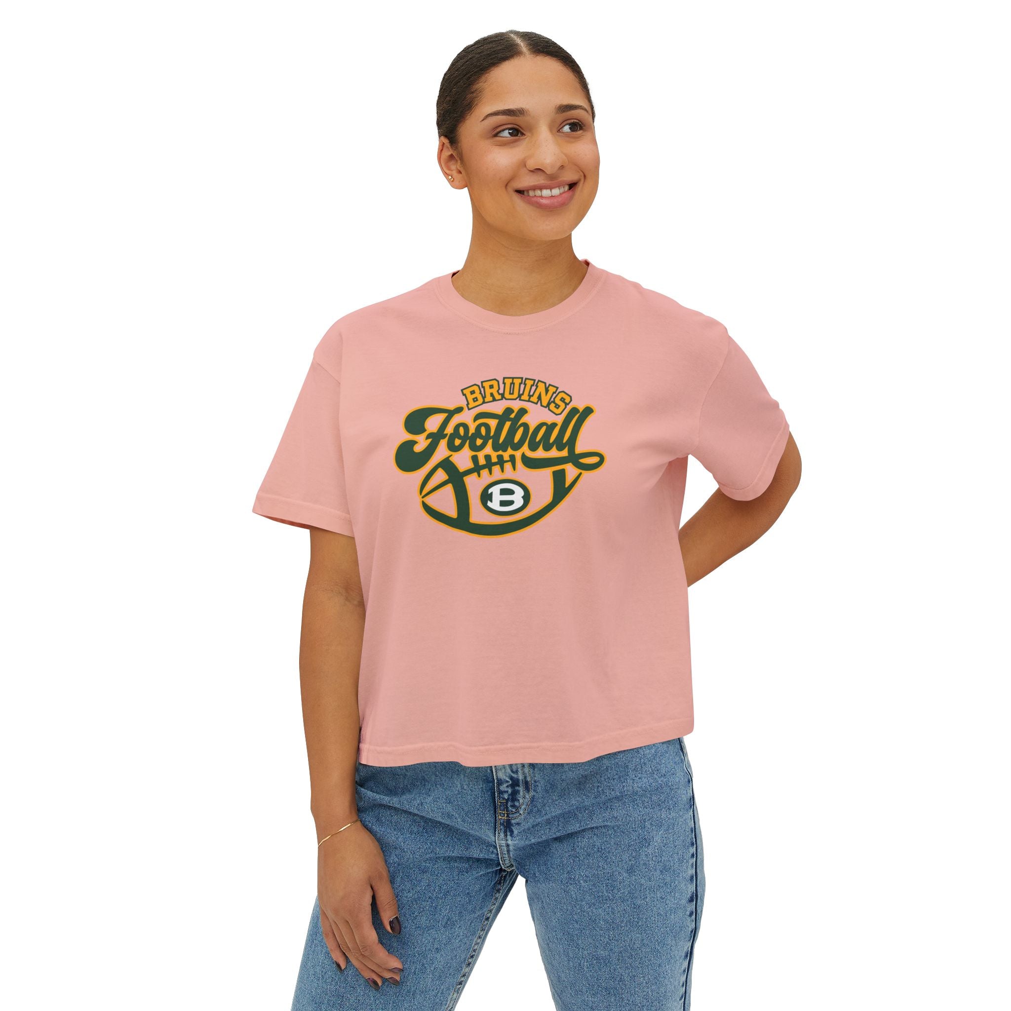 Women's Bruin Script Football Graphic Boxy Crop Short Sleeve Tee