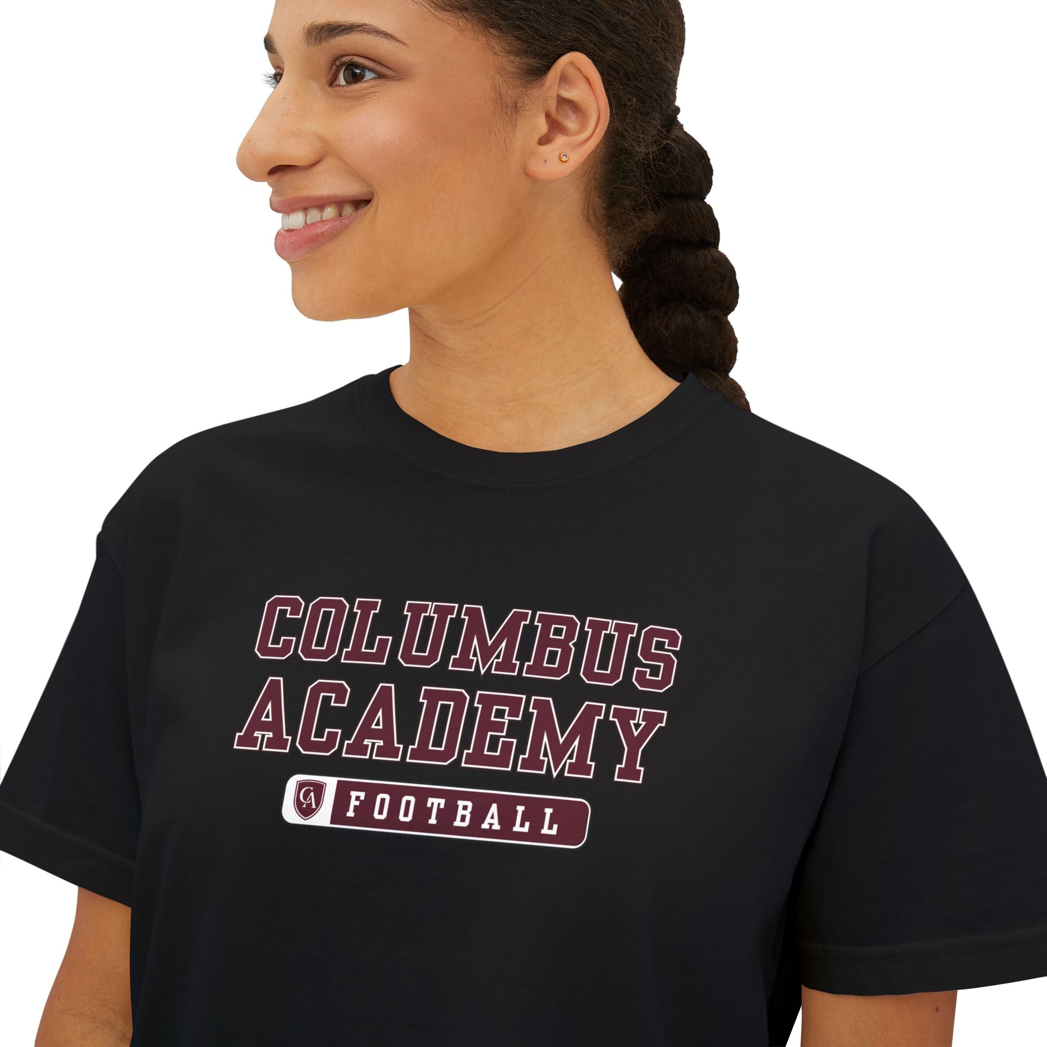Women's Columbus Academy Football Graphic Boxy Crop Short Sleeve Tee