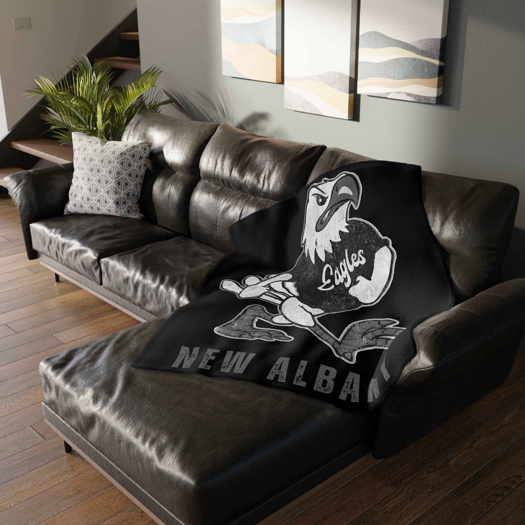 New Albany Black and White Vintage Fighting Eagle Graphic Super Soft Velveteen Microfiber Blanket (Two-sided print)