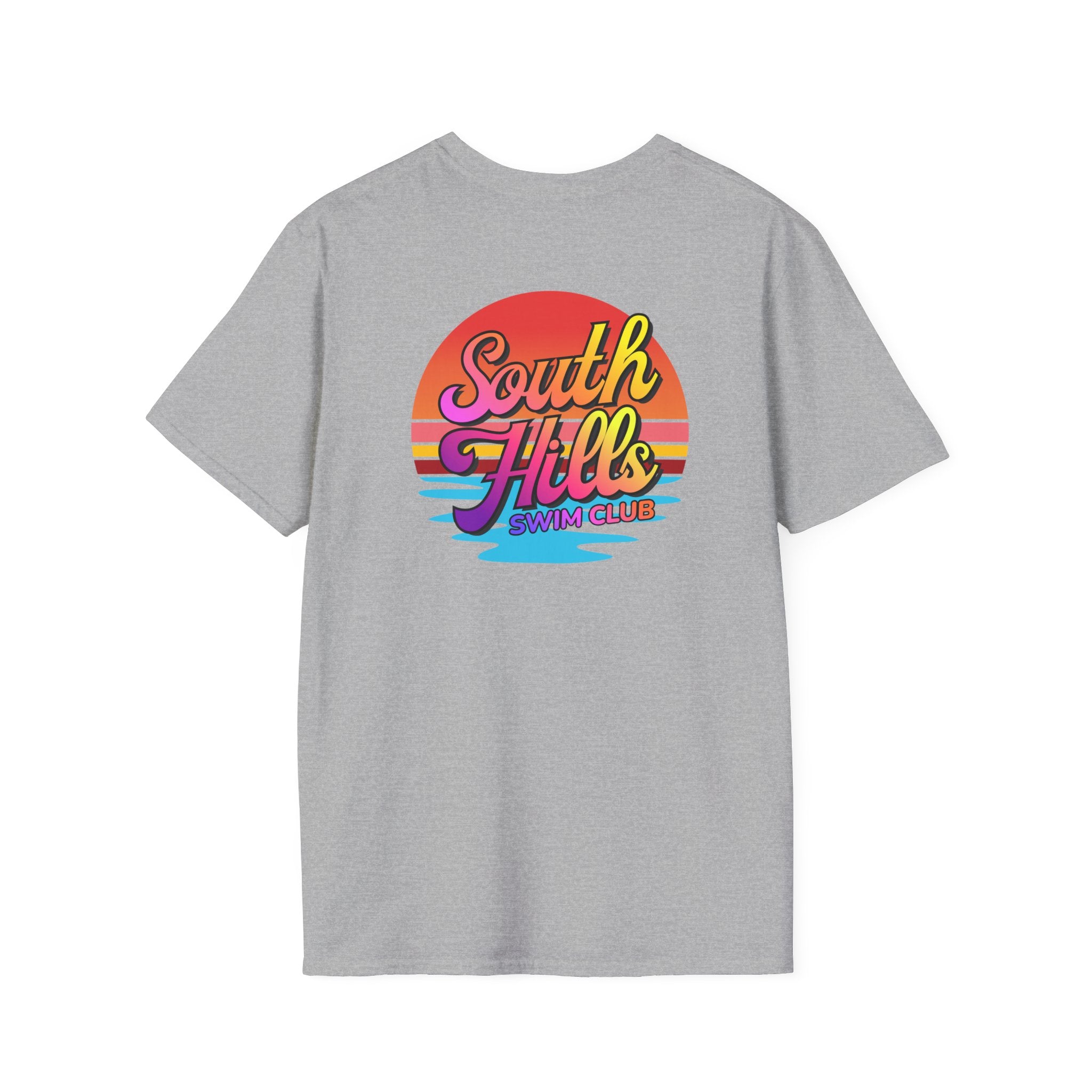 Adult Unisex South Hills Swim Club Sunset Script Graphic Short Sleeve Gildan Softstyle Tee