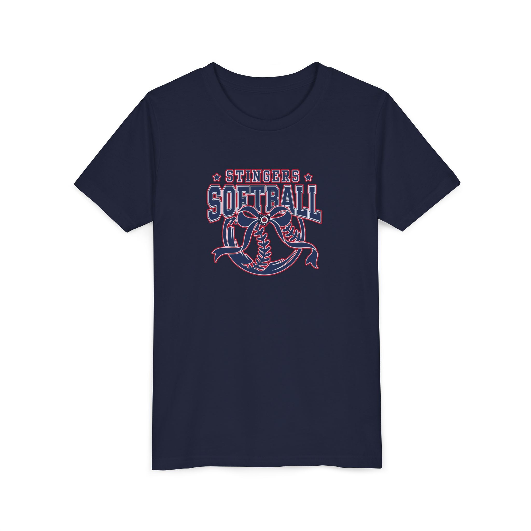 Youth Stingers Softball Spirit Bow Graphic Short Sleeve Bella + Canvas Soft Tee