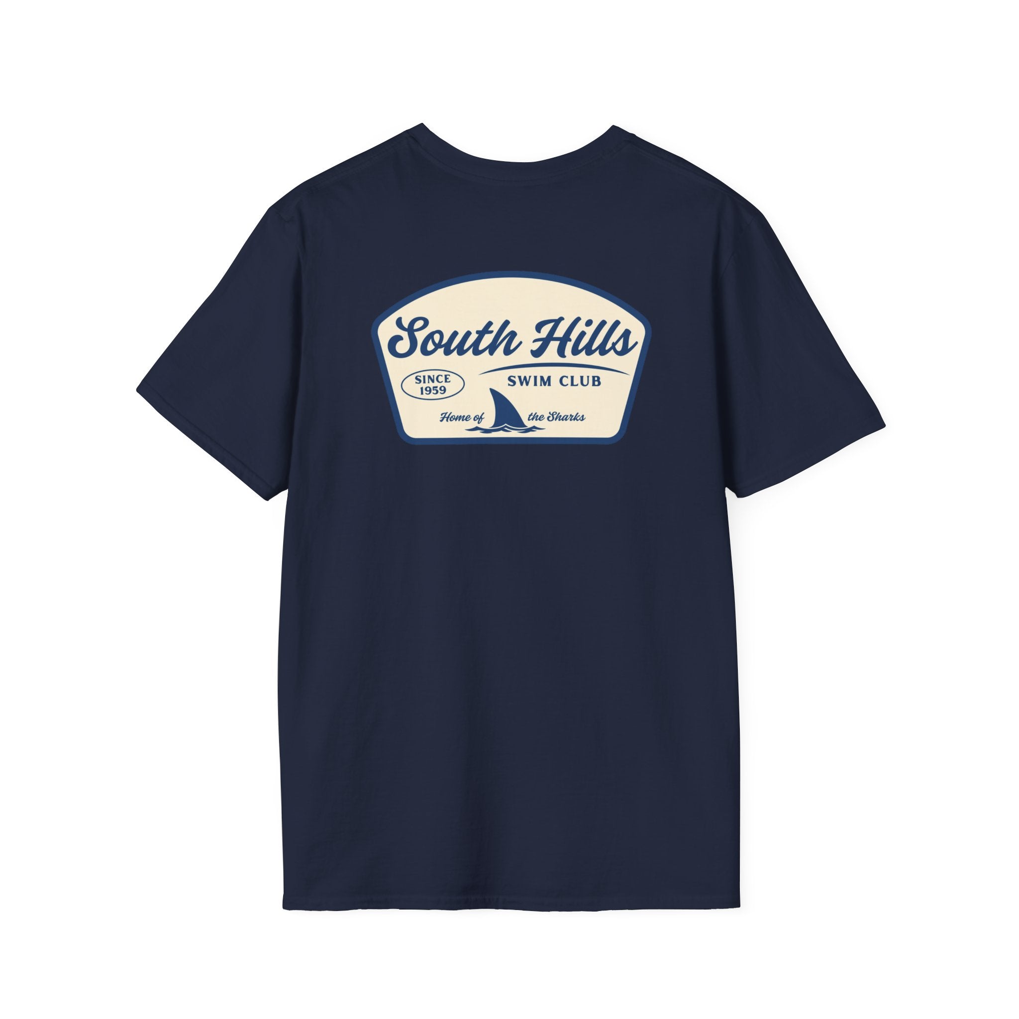 Adult Unisex South Hills Swim Club Home of the Sharks Graphic Short Sleeve Gildan Softstyle Tee