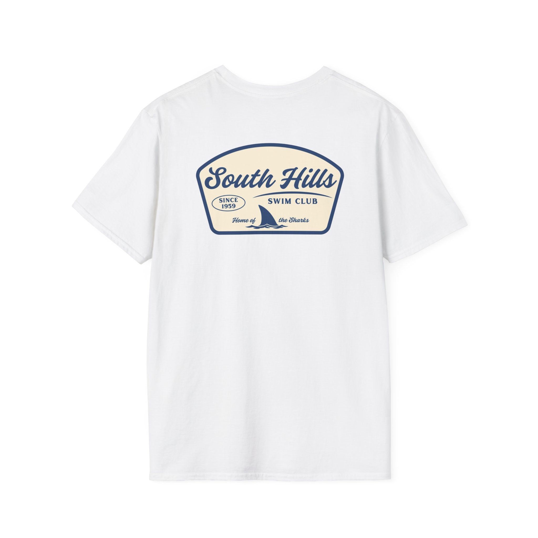Adult Unisex South Hills Swim Club Home of the Sharks Graphic Short Sleeve Gildan Softstyle Tee