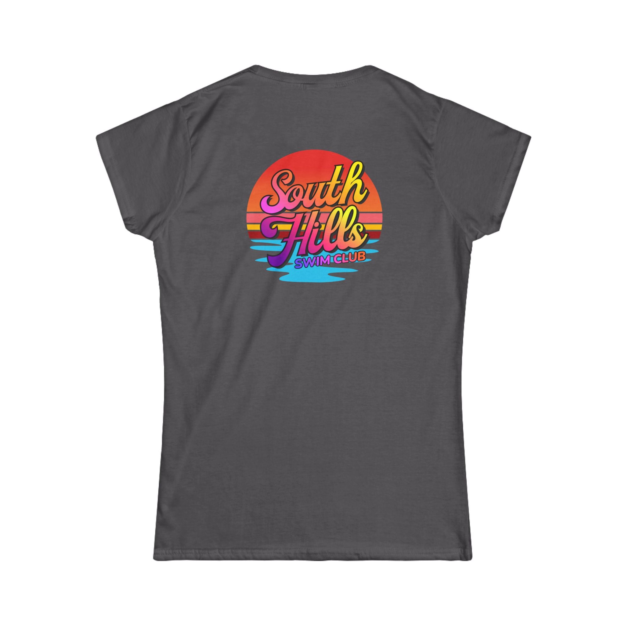 Women's South Hills Swim Club Sunset Script Graphic Short Sleeve Gildan Softstyle Tee