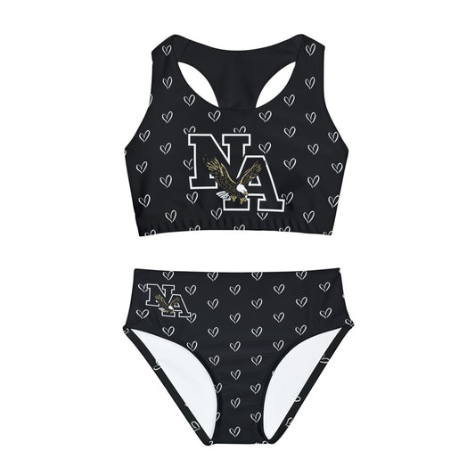 Girls Classic Logo Black with Allover Heart Print Two-Piece Swimsuit - New Albany Eagles