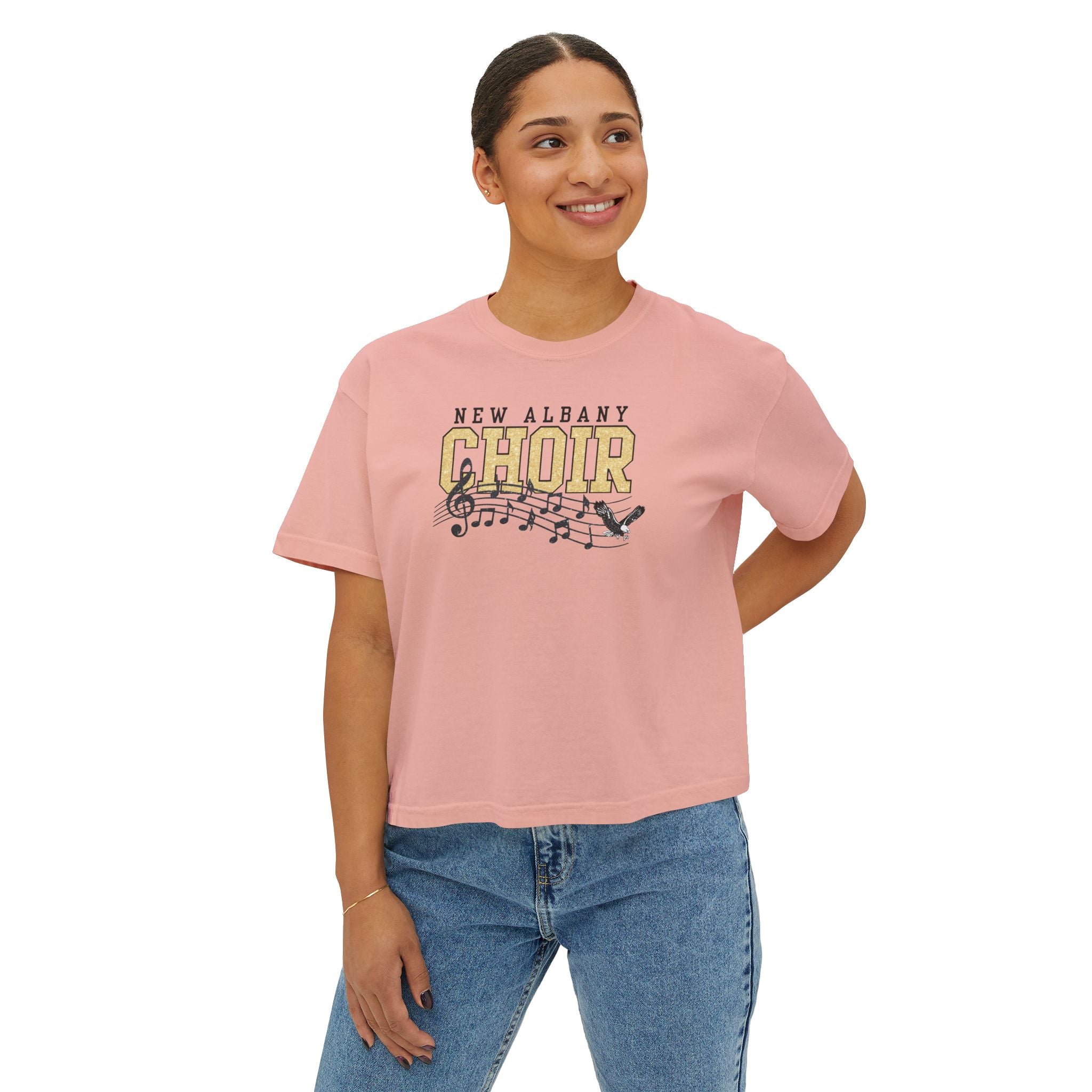 Women's New Albany Choir Digital Glitter Graphic Boxy Crop Short Sleeve Tee