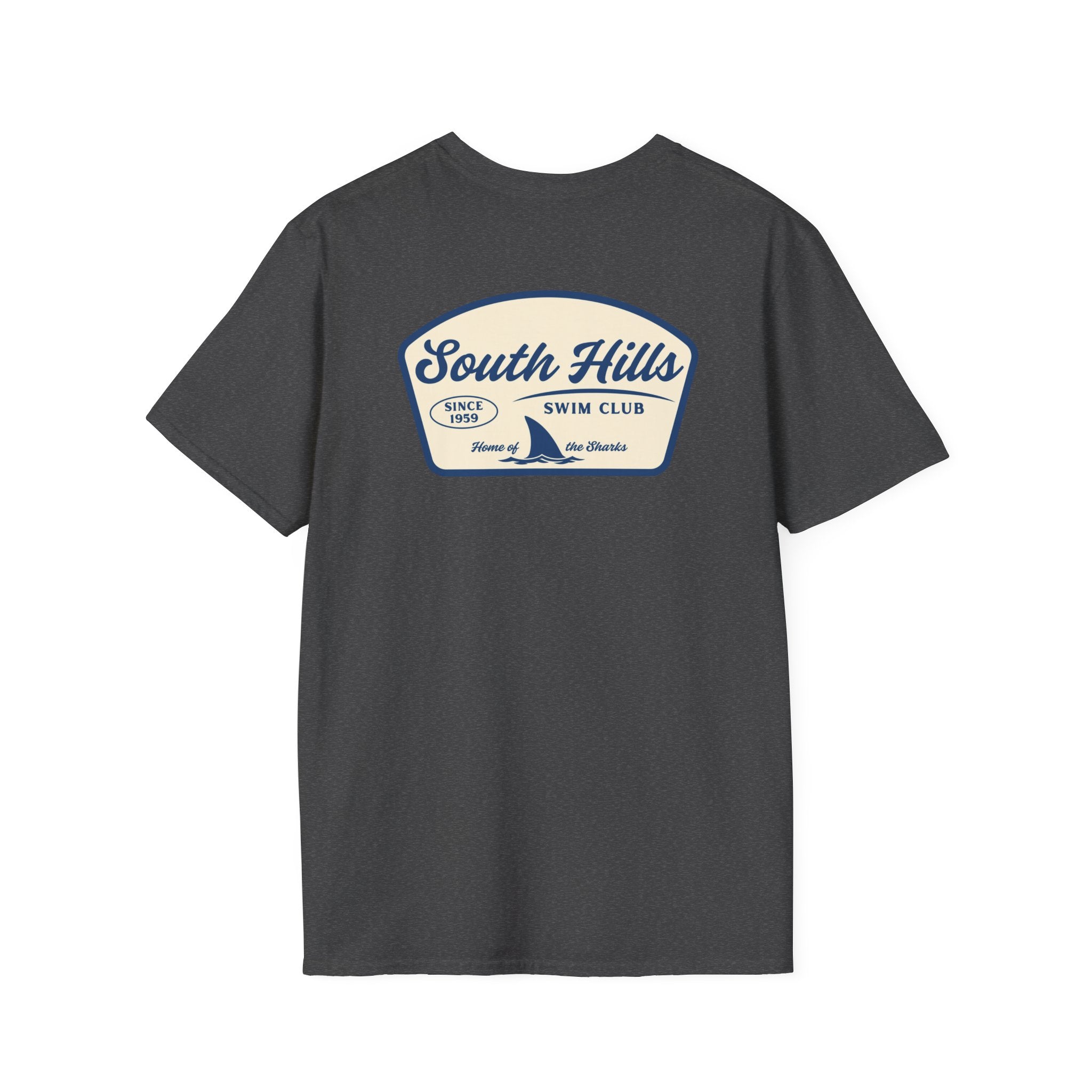 Adult Unisex South Hills Swim Club Home of the Sharks Graphic Short Sleeve Gildan Softstyle Tee