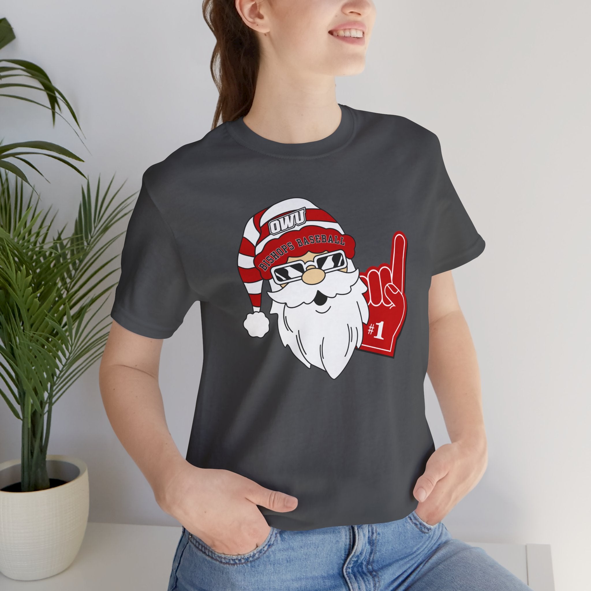 Adult Unisex OWU Bishops Baseball Spirited Santa Graphic Short Sleeve Soft Tee
