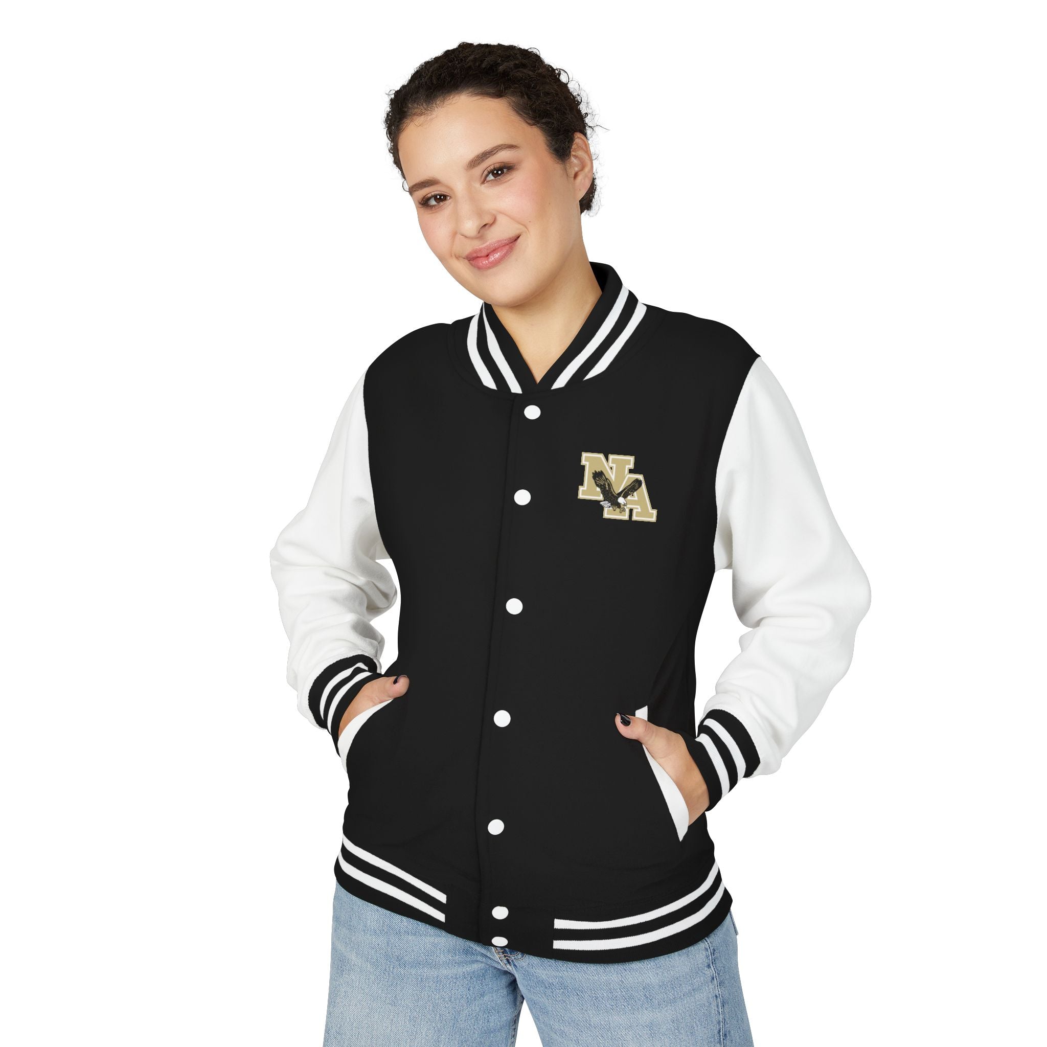 Adult Unisex Heavyweight Letterman Style Jacket with Front Gold Classic Logo and Back Eagle