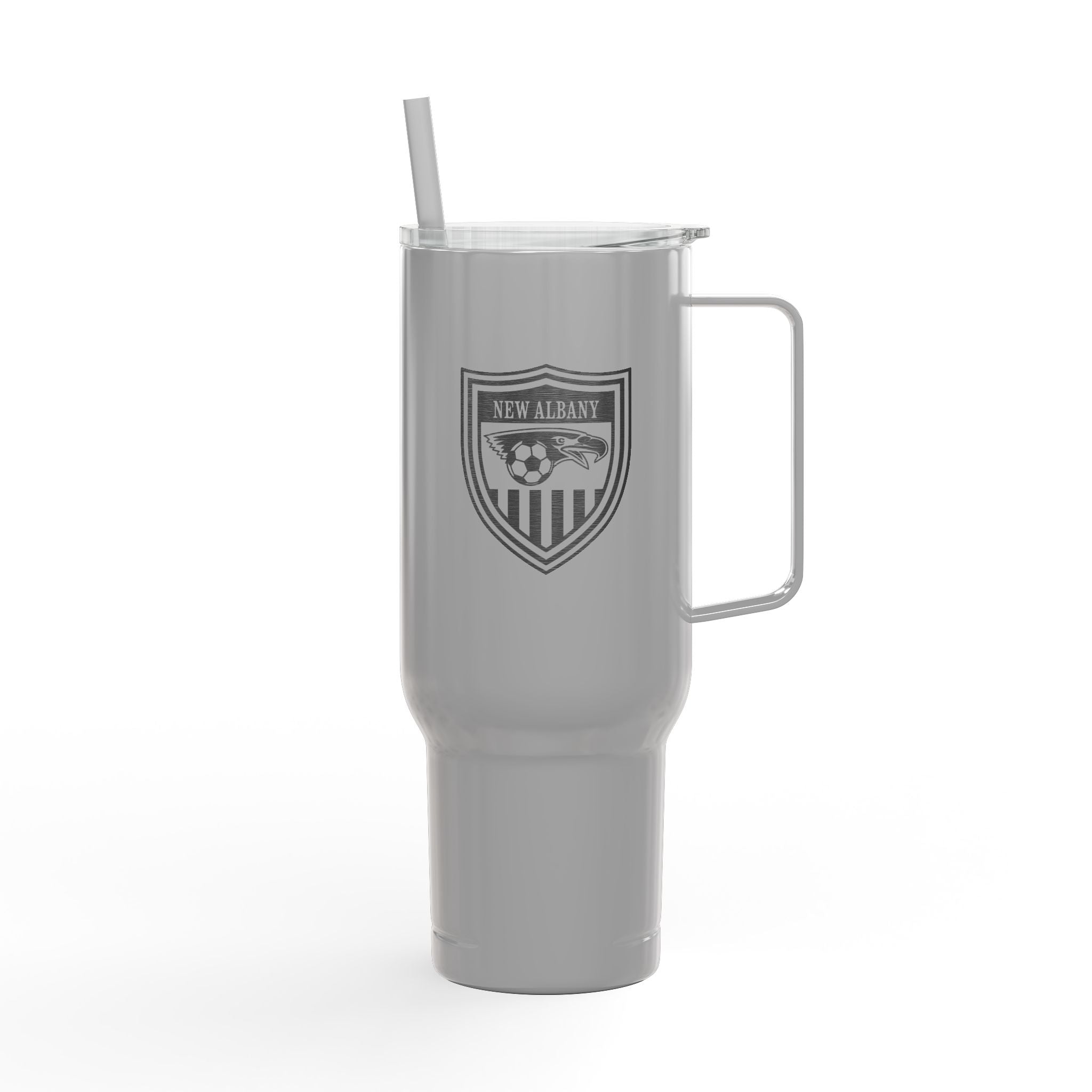 New Albany Youth Soccer League Crest Engraved Koozie Brand Insulated Tumbler with Lid