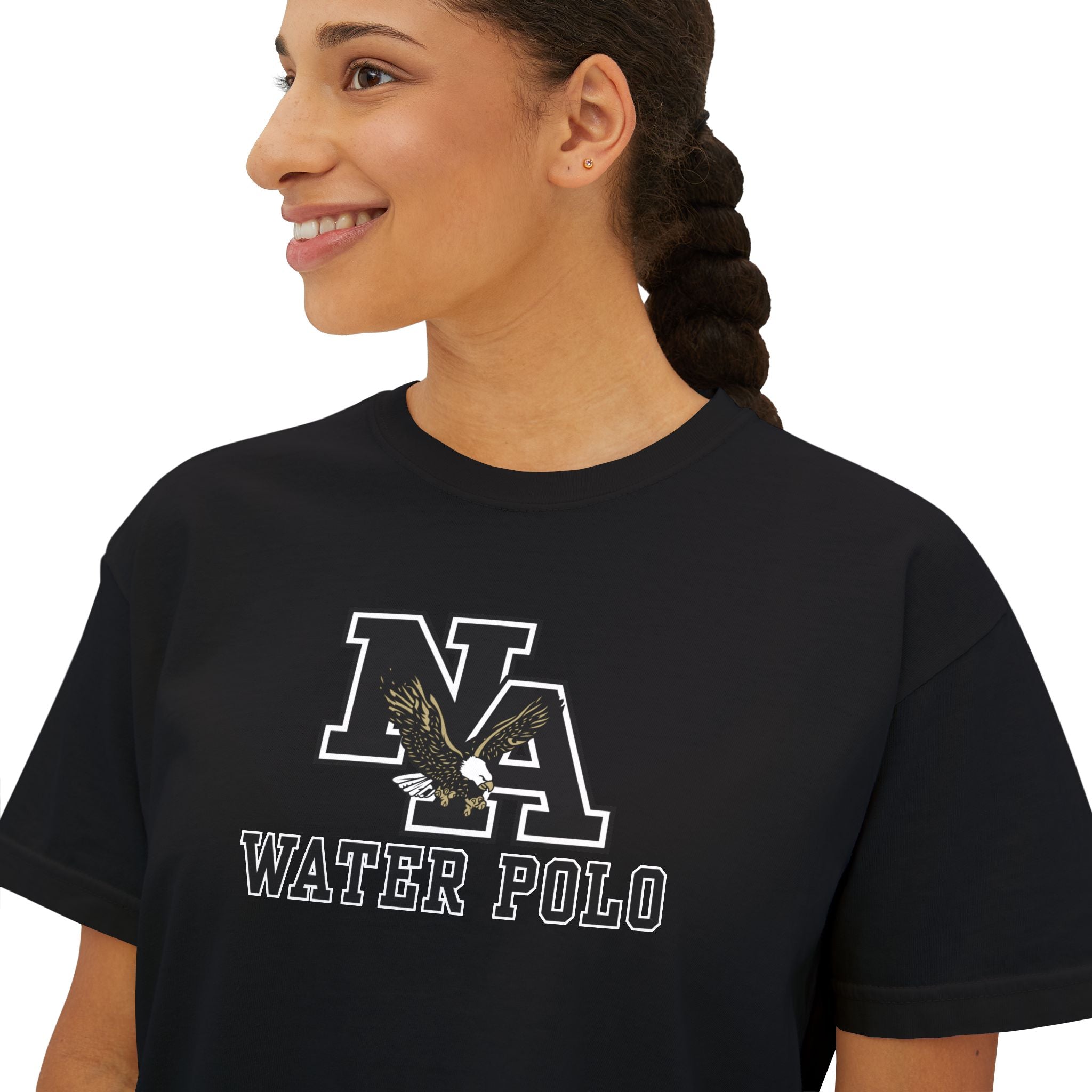 Women's New Albany Water Polo Classic Black Logo Graphic Boxy Crop Short Sleeve Tee