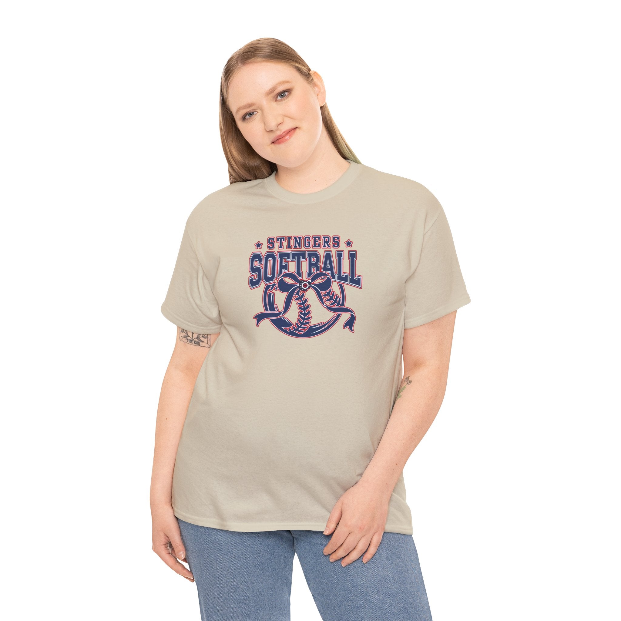 Adult Unisex Stingers Softball Spirit Bow Graphic Short Sleeve Gildan Heavy Tee