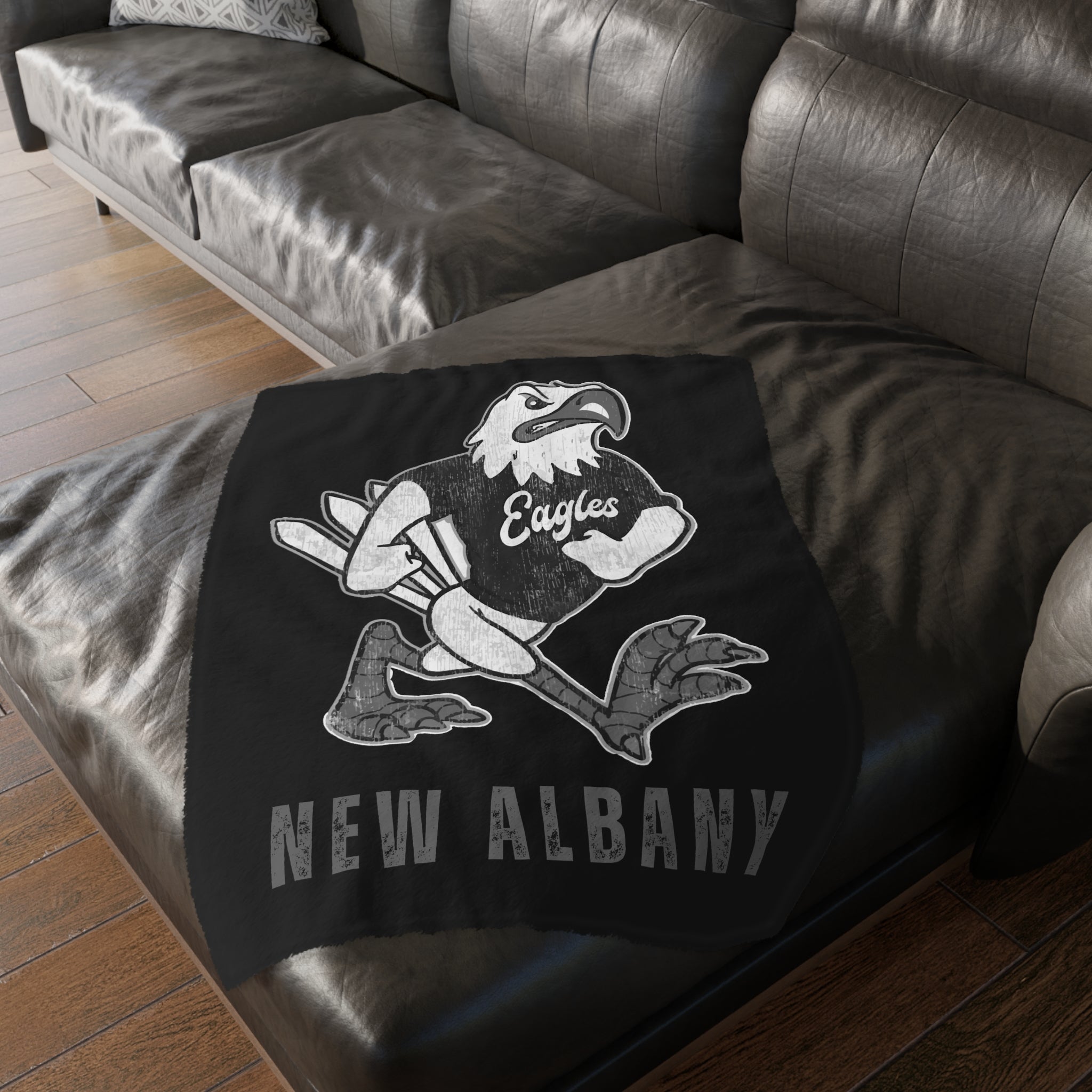 New Albany Black and White Vintage Fighting Eagle Graphic Super Soft Velveteen Microfiber Blanket (Two-sided print)