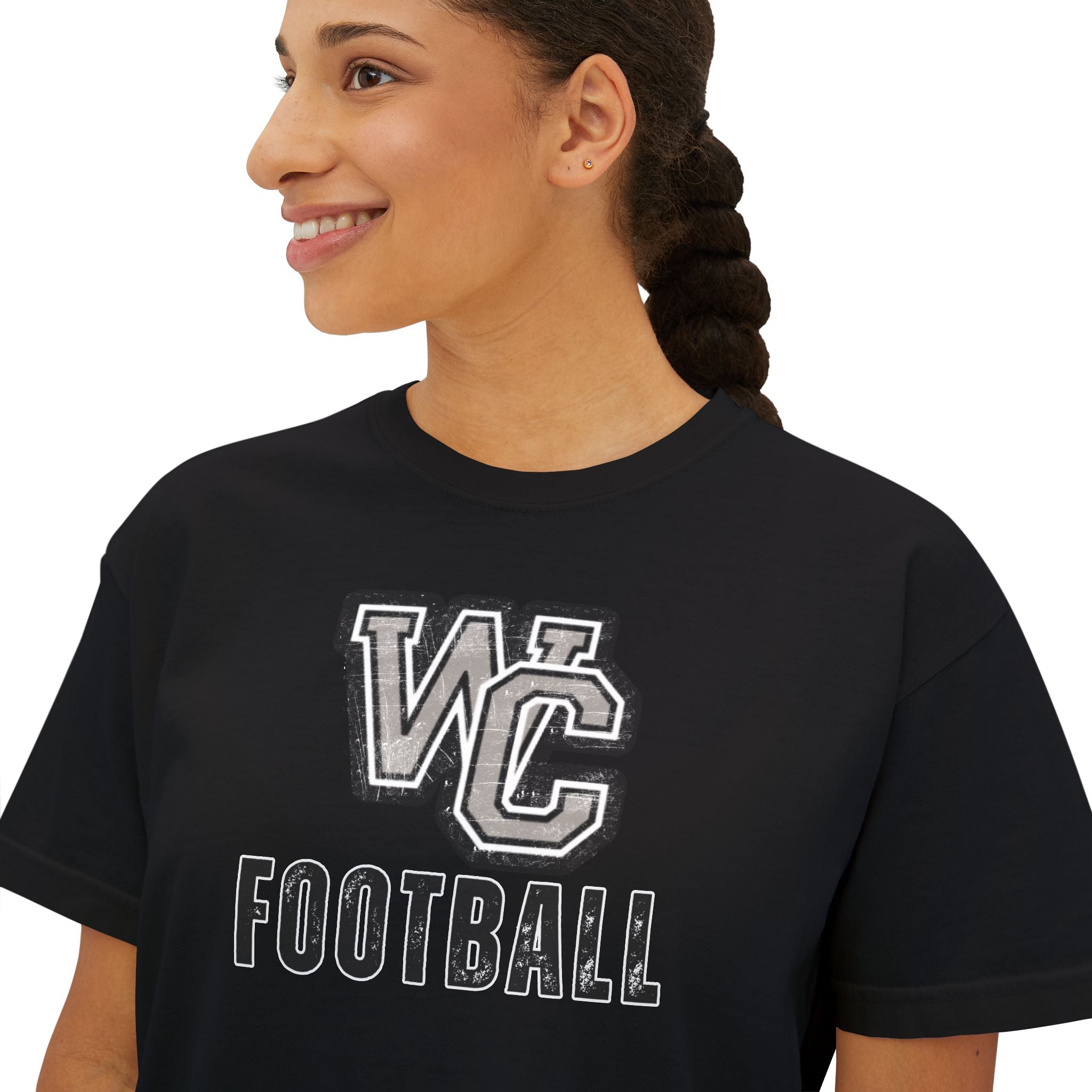 Women's Vintage Distressed Westerville Central Football Graphic Boxy Crop Short Sleeve Tee