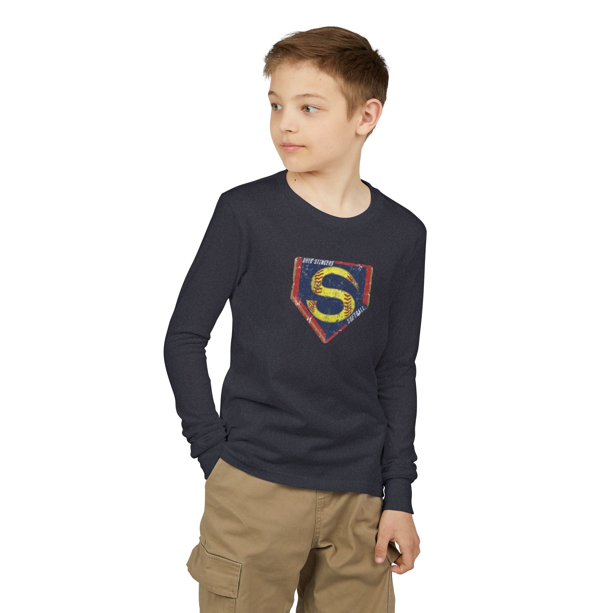 Youth Stingers Softball Distressed Logo Graphic Bella + Canvas Long Sleeve Soft Tee