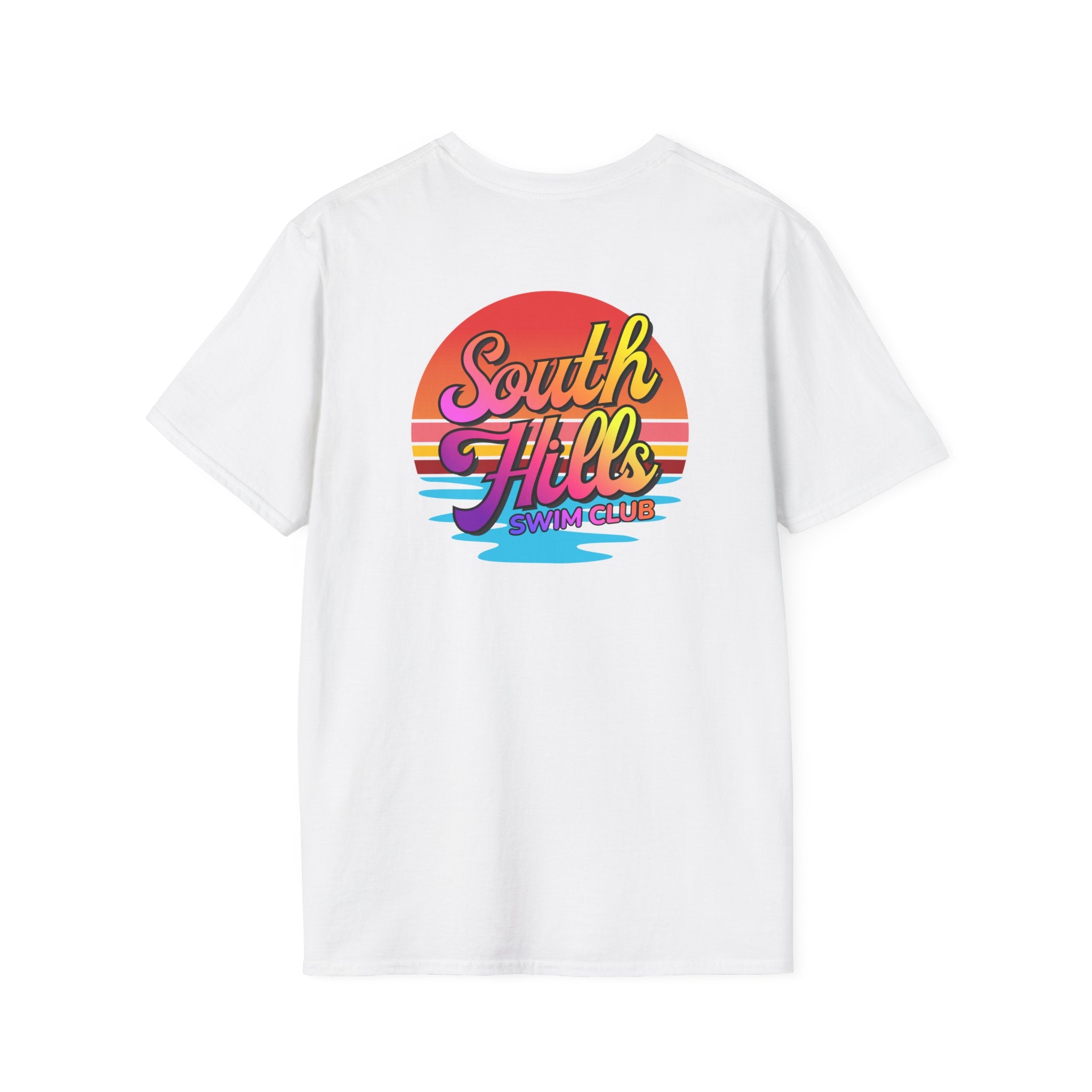 Adult Unisex South Hills Swim Club Sunset Script Graphic Short Sleeve Gildan Softstyle Tee
