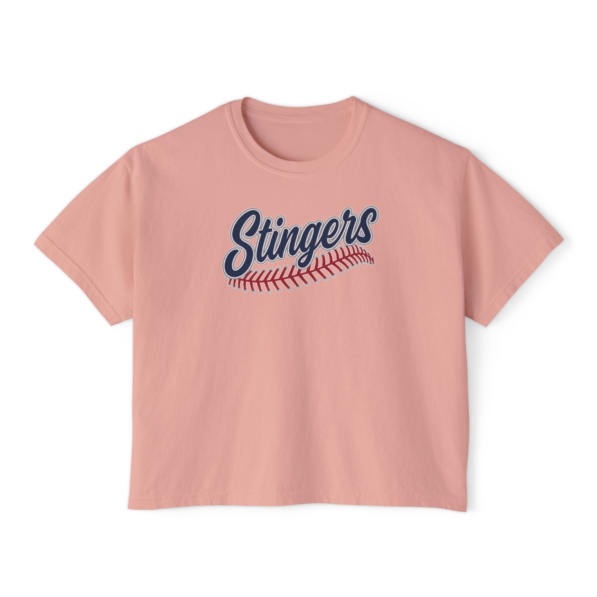 Women's Stingers Softball Stitches Graphic Boxy Crop Short Sleeve Tee