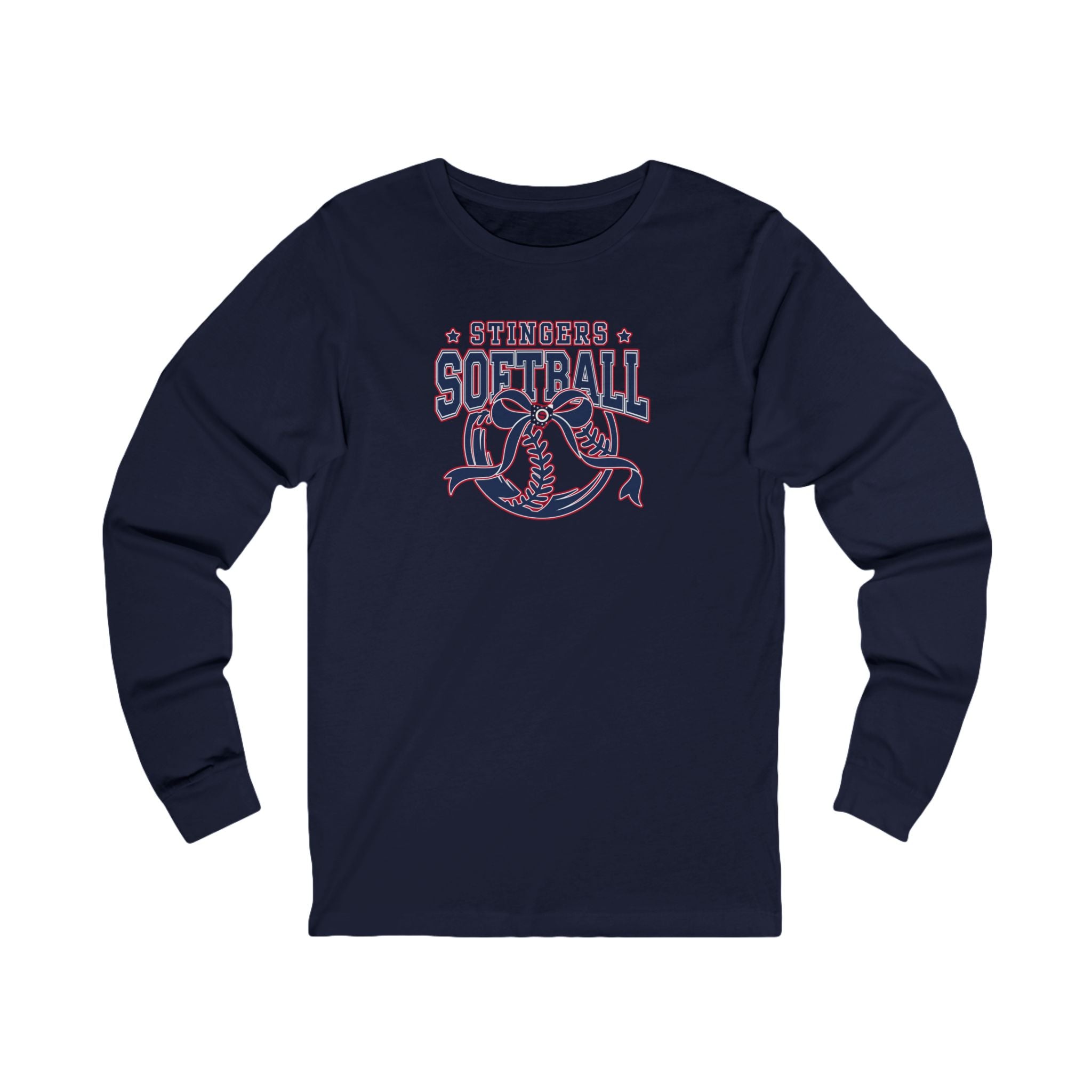 Adult Unisex Stingers Softball Spirit Bow Graphic Long Sleeve Bella + Canvas Soft Tee