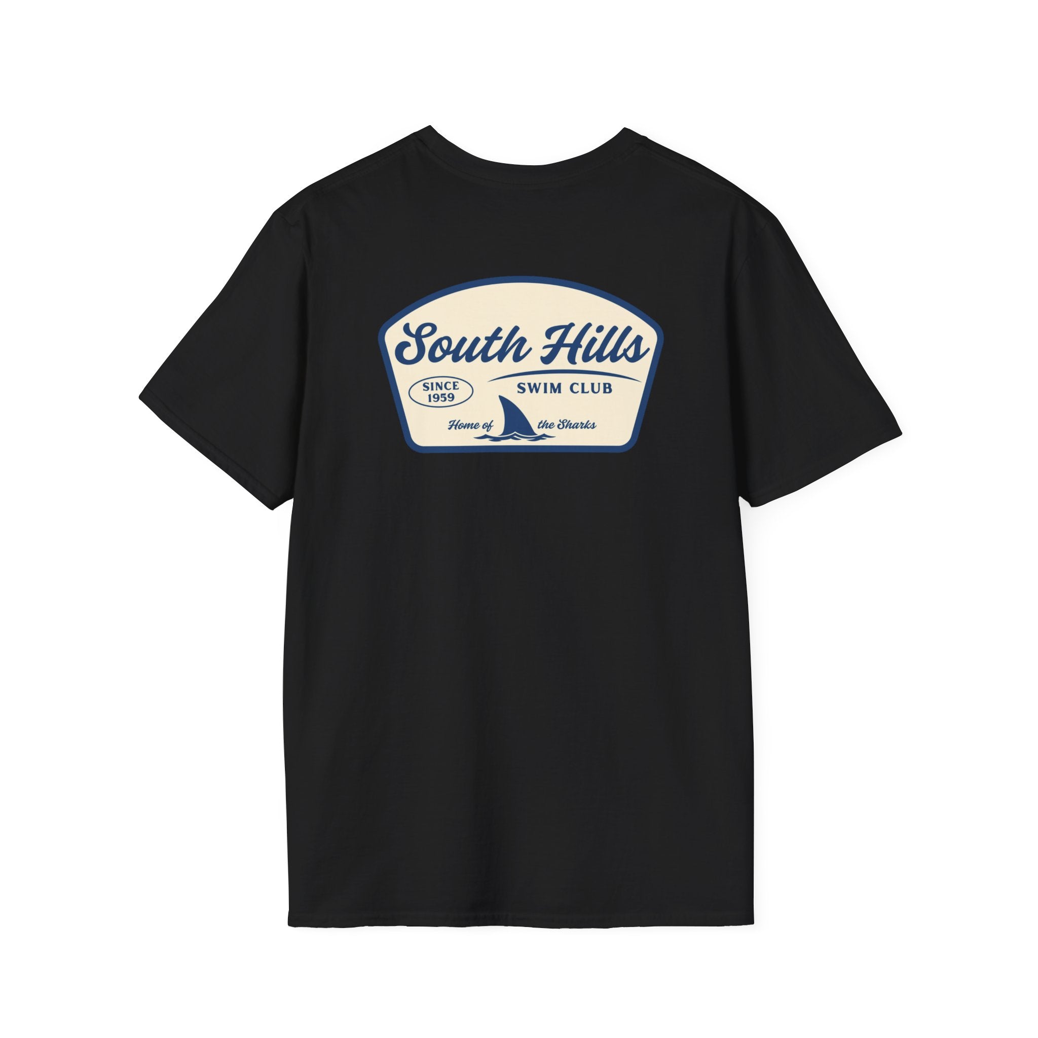 Adult Unisex South Hills Swim Club Home of the Sharks Graphic Short Sleeve Gildan Softstyle Tee